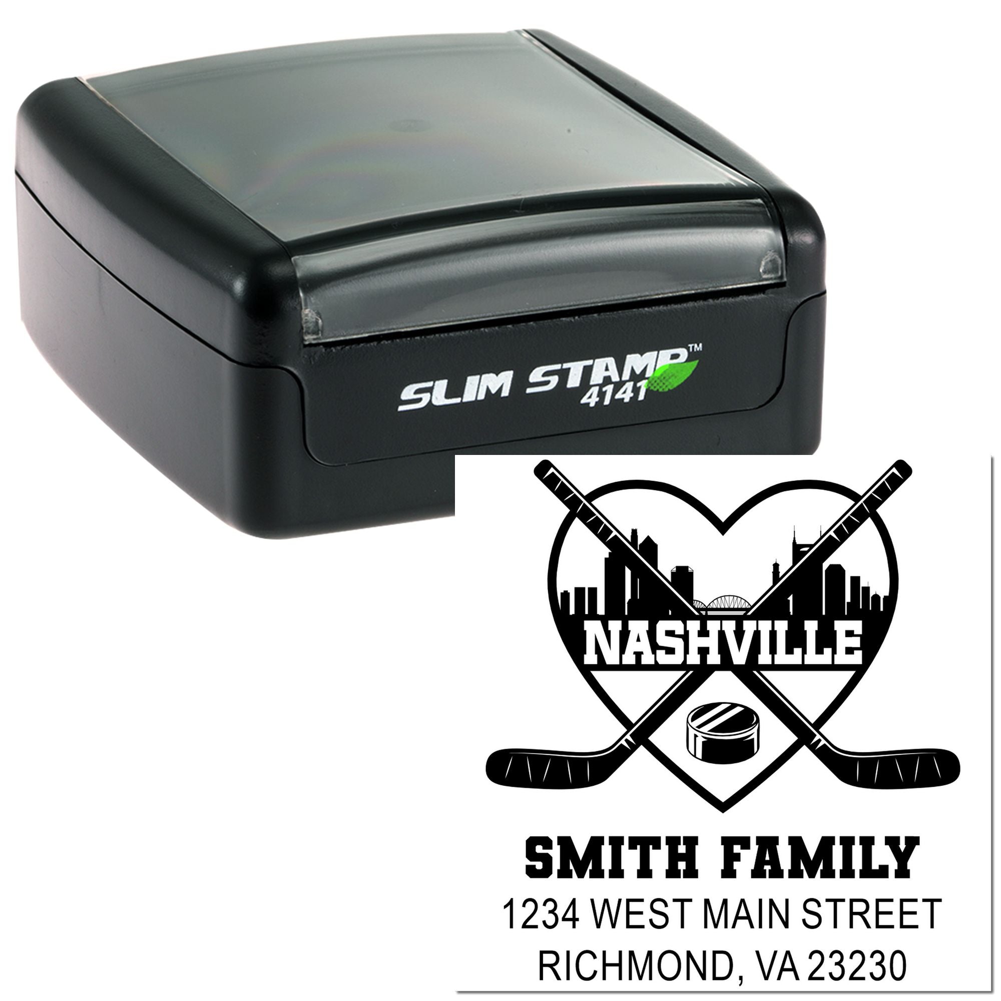 Slim Stamp 4141 custom self-inking rubber stamp with Nashville hockey logo, Smith Family name, and return address imprint.