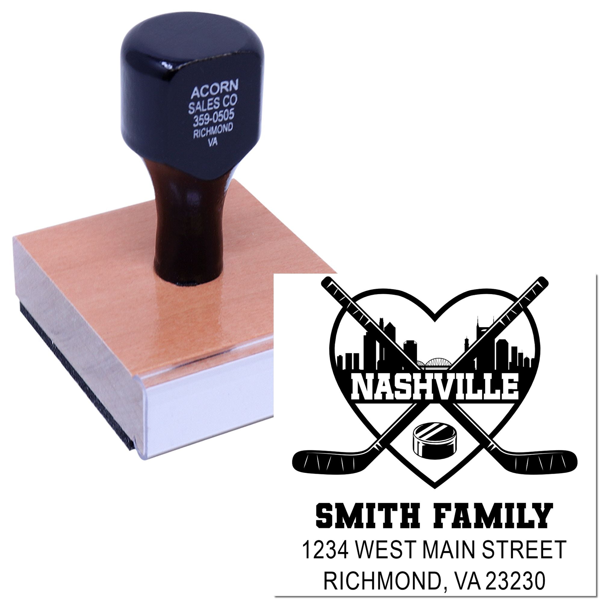 Custom rubber stamp with Nashville hockey family address design for personalized return mailing and business branding.