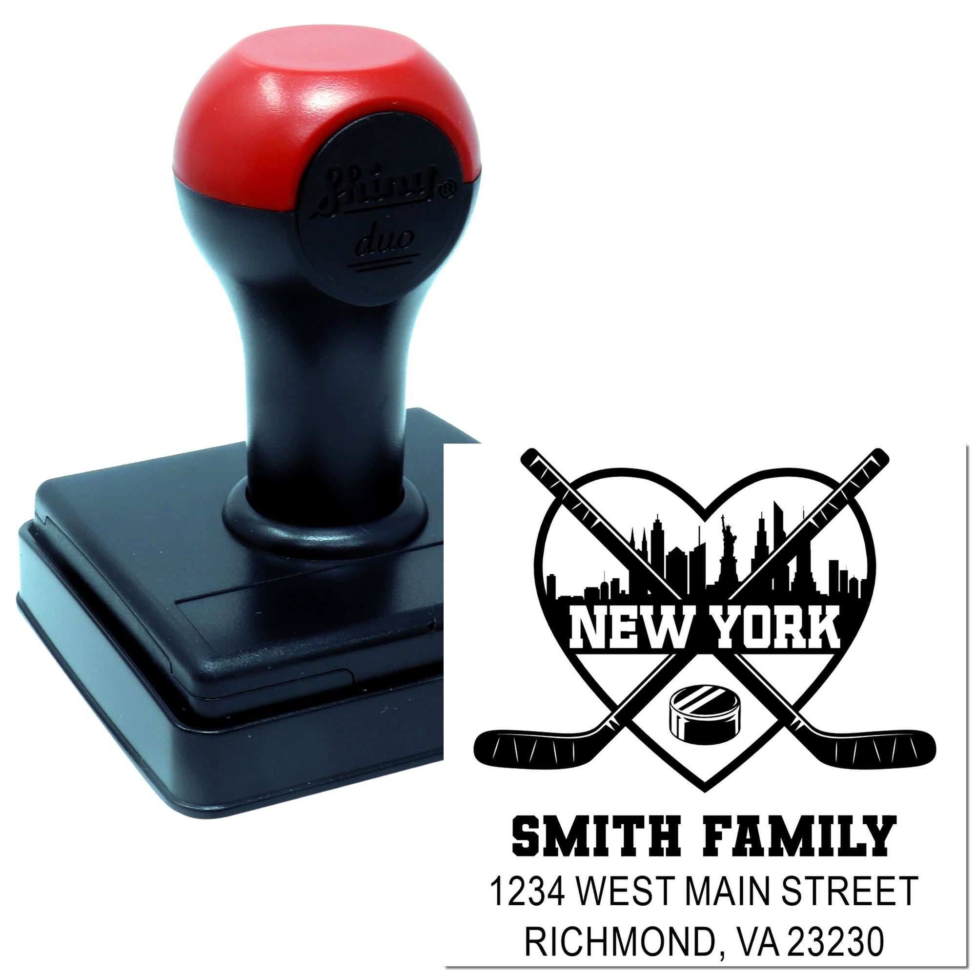 Custom self-inking rubber stamp with New York hockey logo, Smith Family name, and personalized address design.