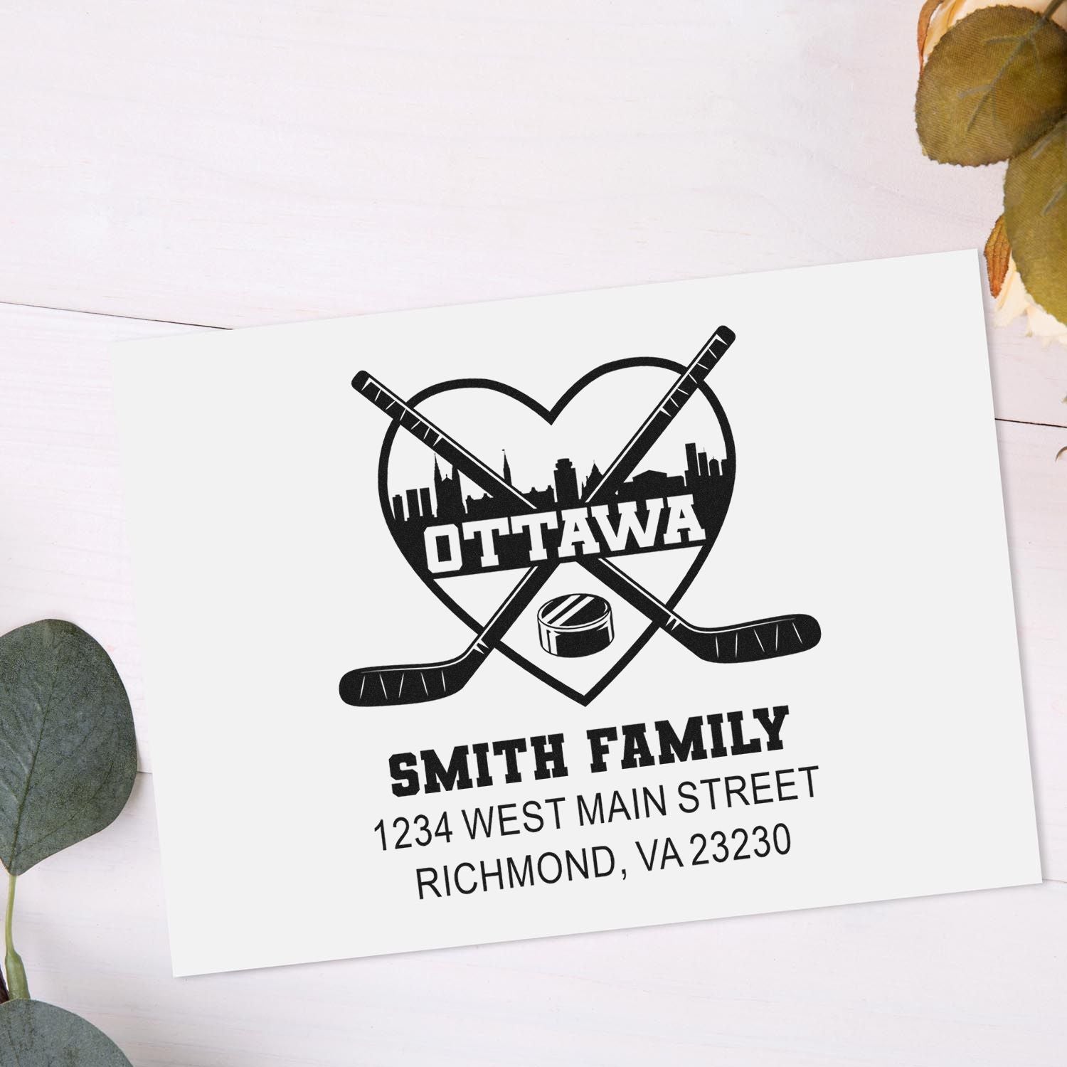Personalized Ottawa hockey address rubber stamp for Smith Family, featuring crossed sticks, puck and skyline heart logo.