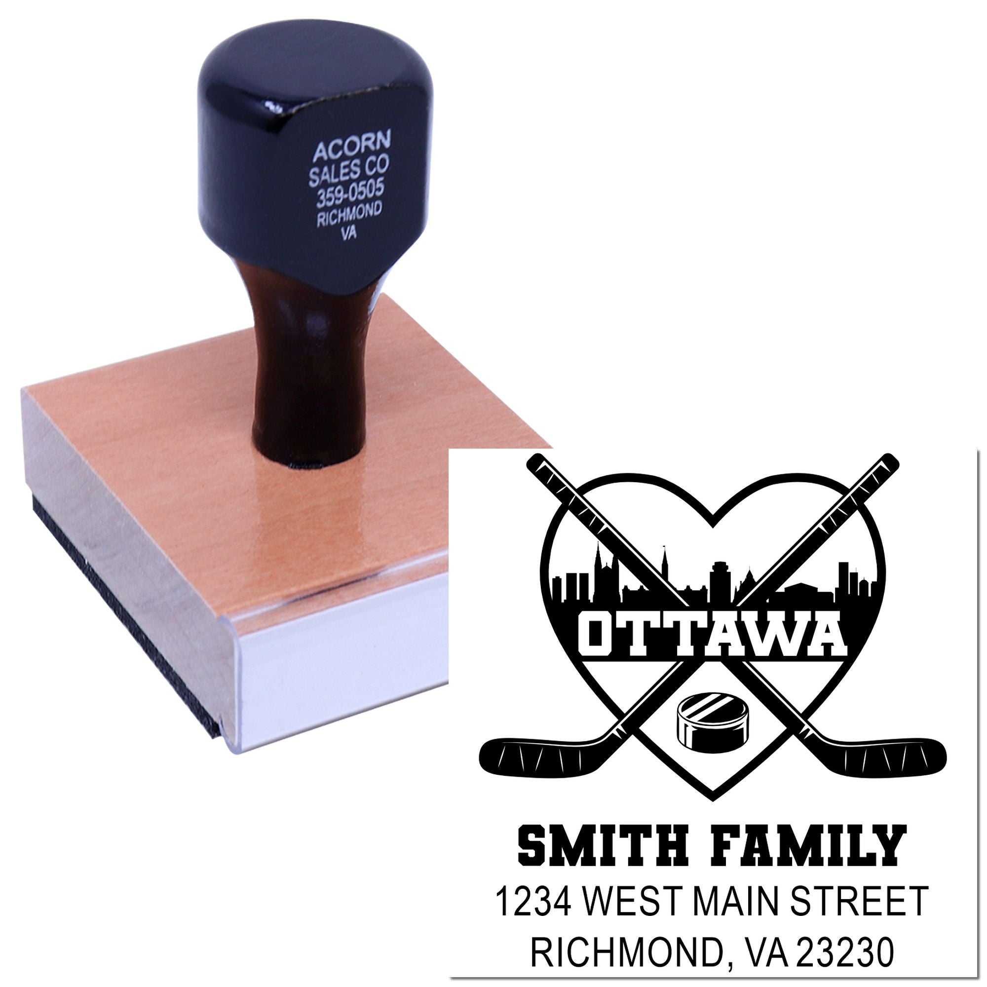 Custom hockey family address rubber stamp with Ottawa logo and personalized return address imprint.