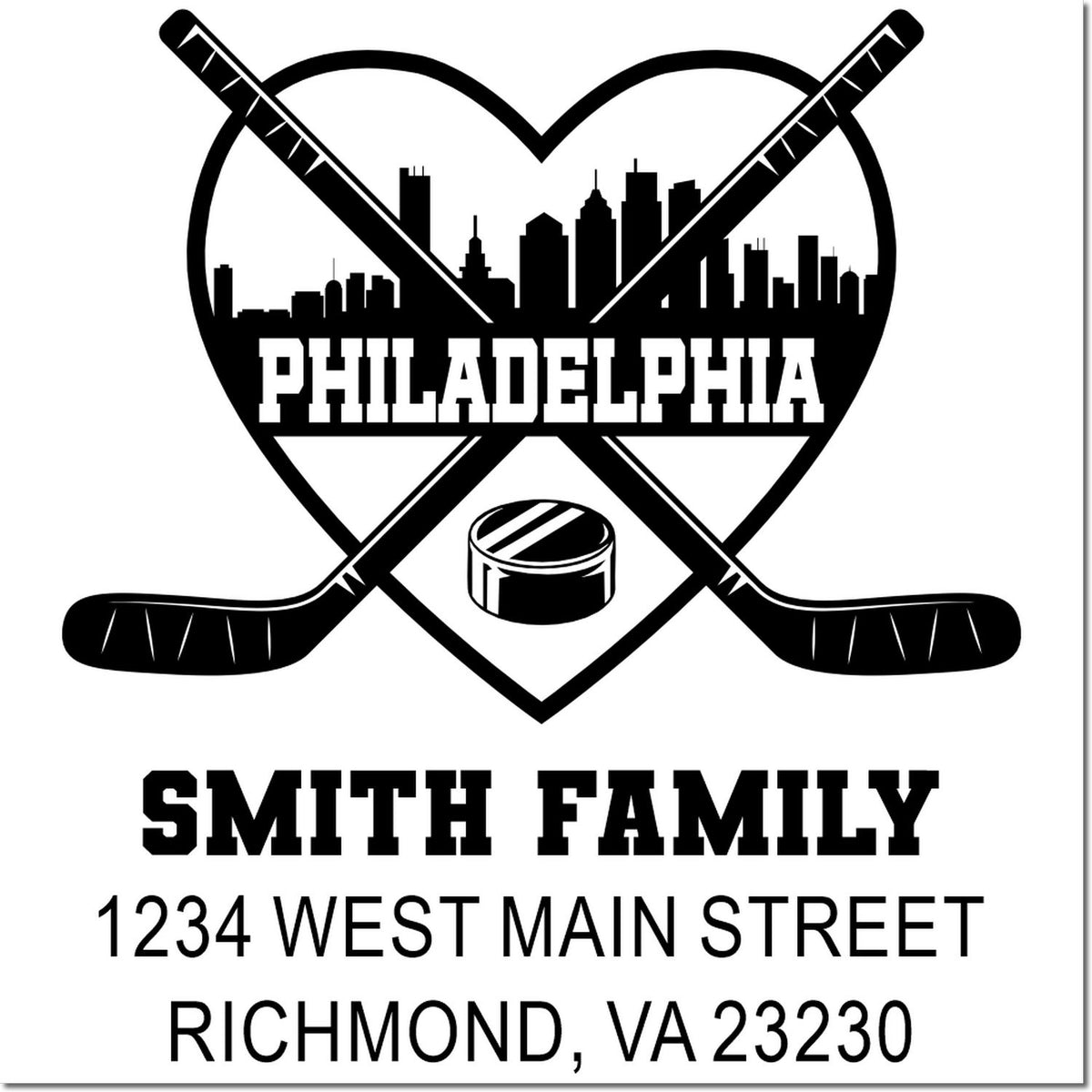 Custom Philadelphia hockey family return address rubber stamp with skyline, Smith Family name, and Richmond VA address.