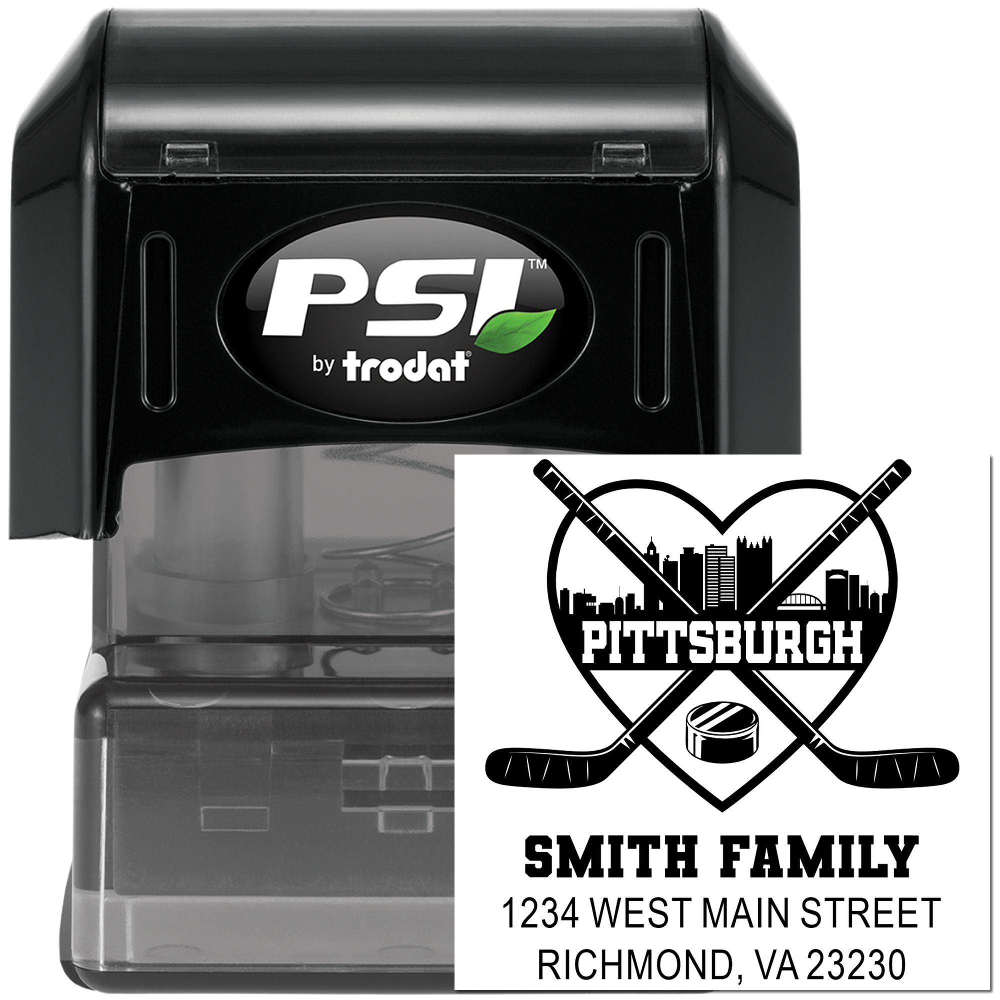 PSI by Trodat custom self-inking rubber stamp with Pittsburgh hockey family address design.