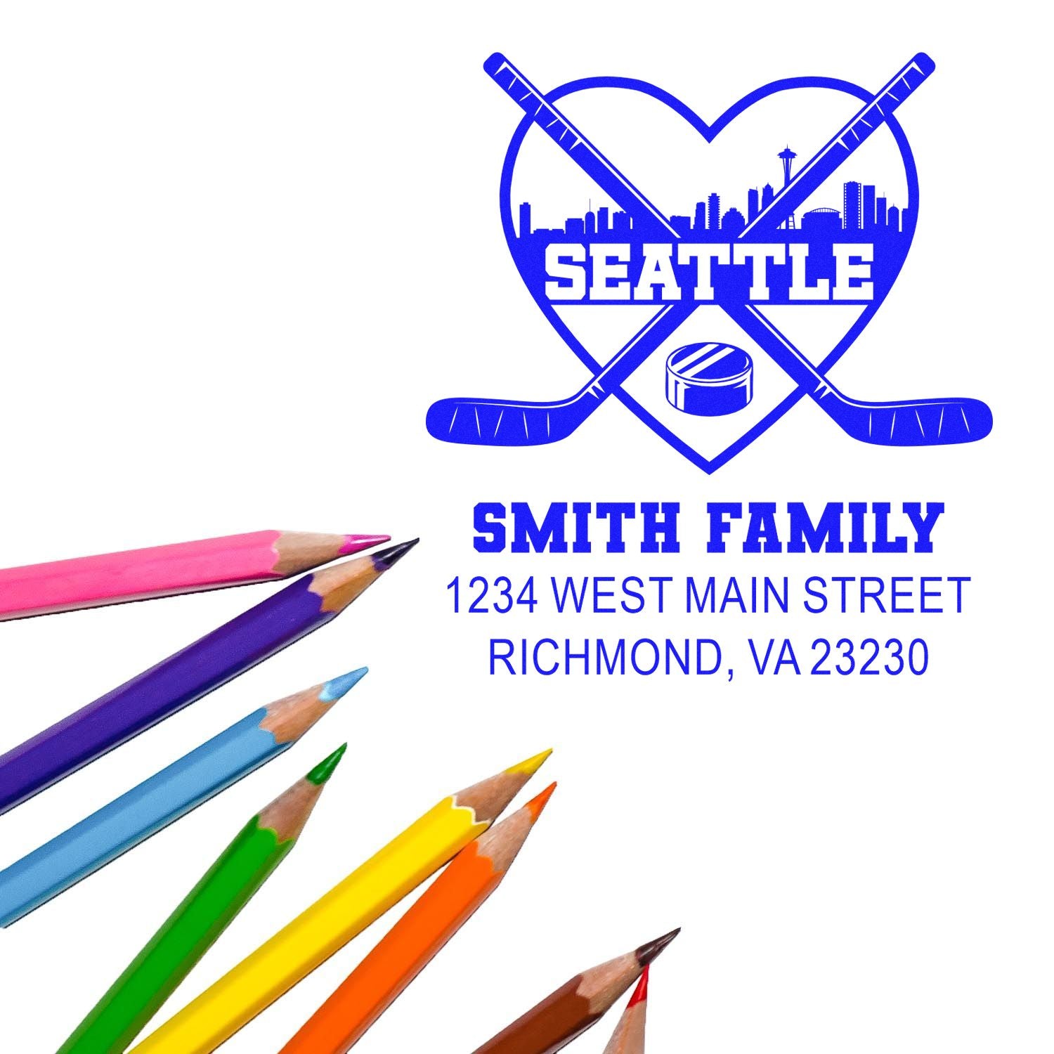 Custom Seattle hockey rubber stamp for Smith Family, featuring name and address for personalized stationery branding.