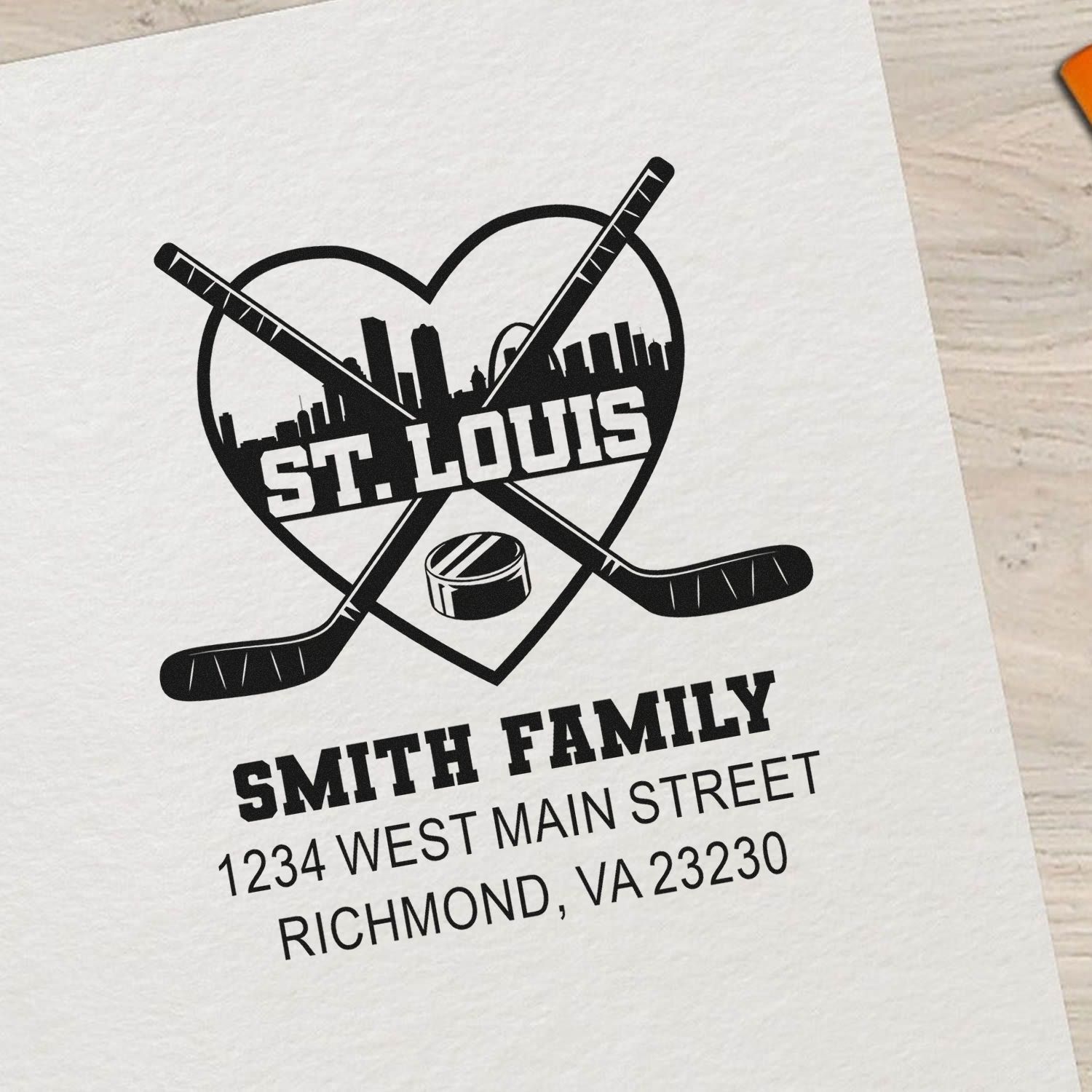 Custom hockey family return address rubber stamp with St. Louis heart logo, Smith Family name, and mailing address.