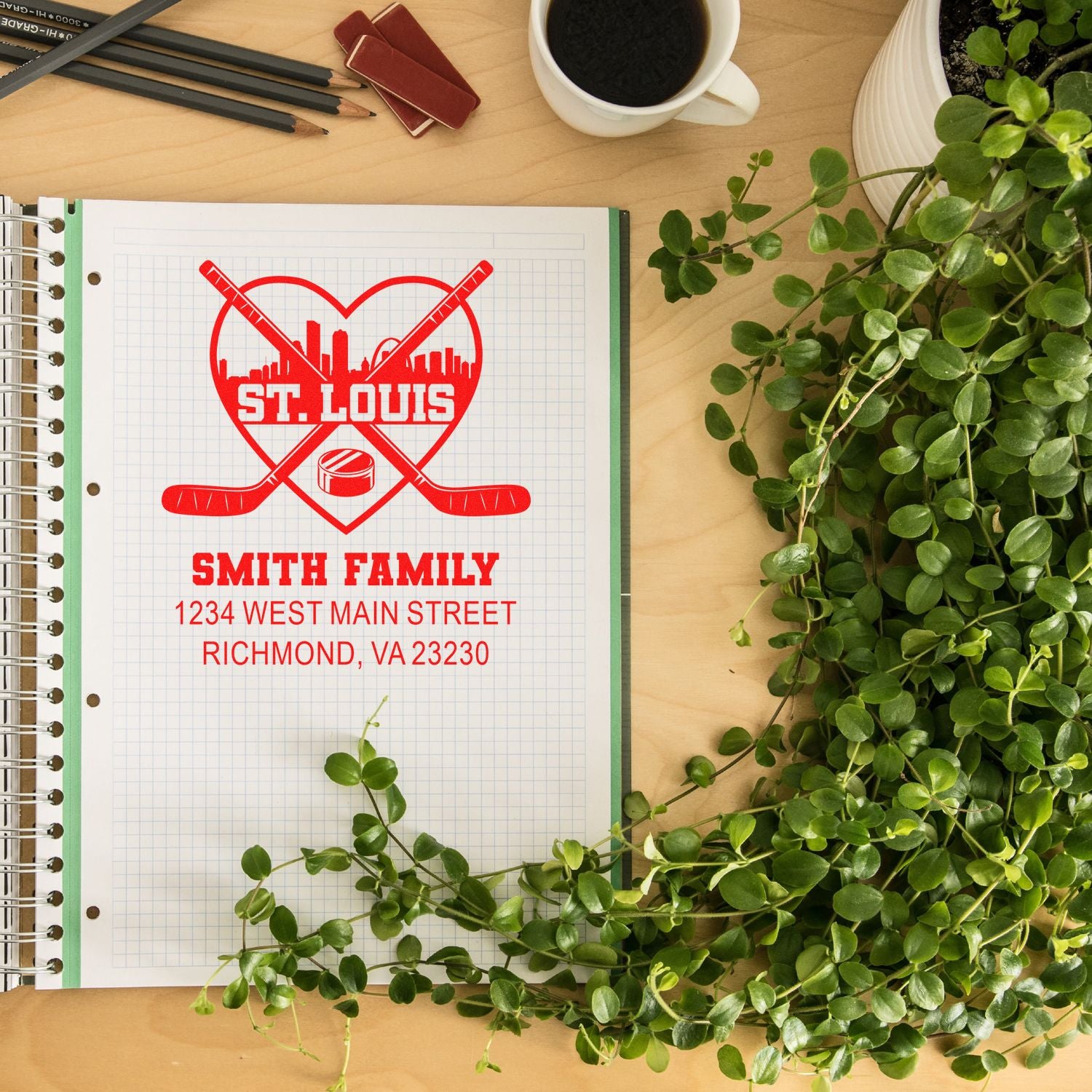 Custom return address rubber stamp with St. Louis hockey heart logo and Smith family name for personalized mailings.