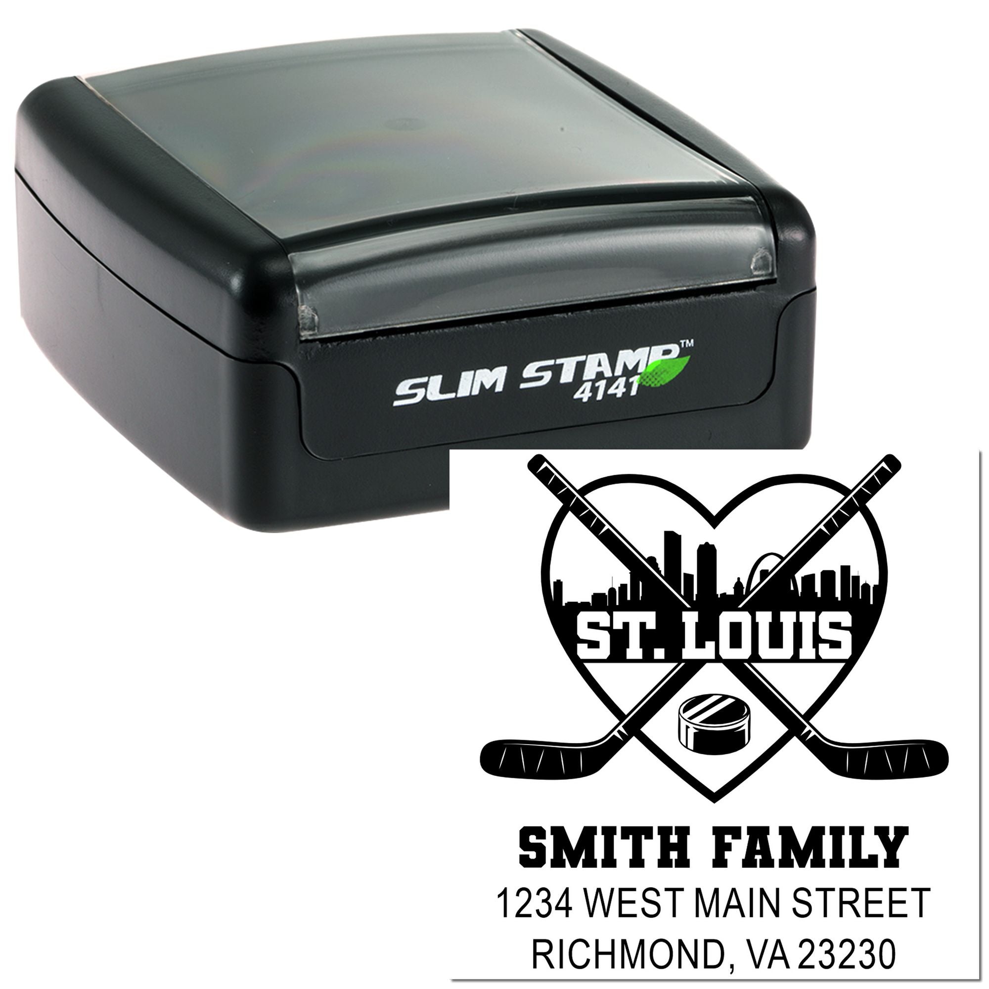 Custom hockey return address rubber stamp with St. Louis design, family name, and address, Slim Stamp 4141