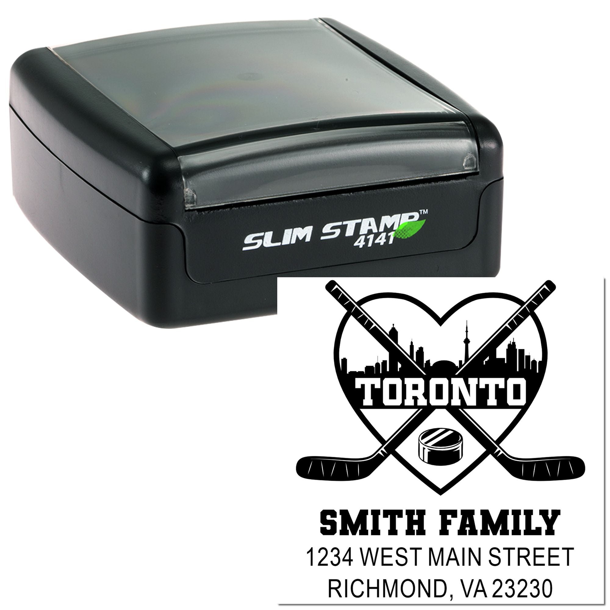 Custom hockey family address rubber stamp with Toronto skyline, Smith Family name, and Richmond, VA return address.