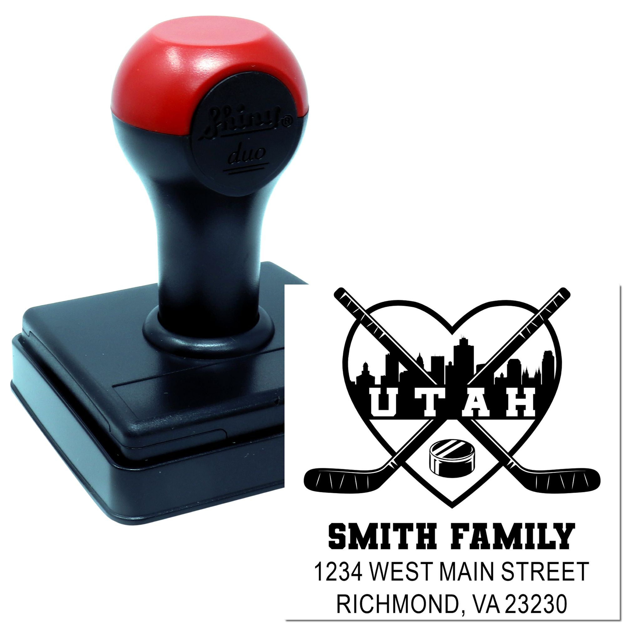 Custom self-inking rubber stamp with personalized return address and hockey family logo for Smith Family mail imprint.