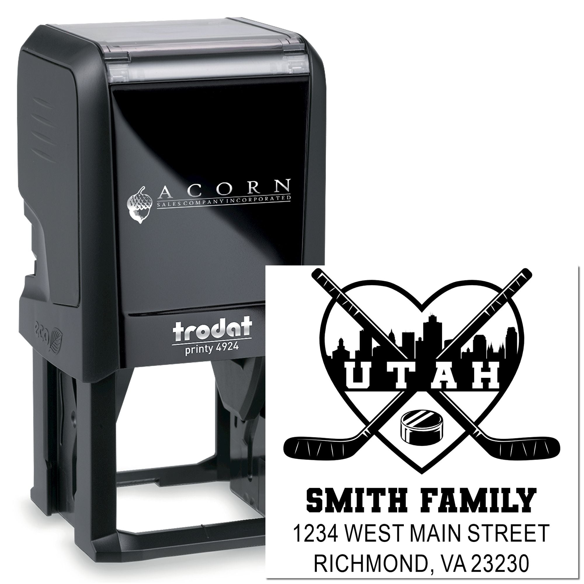Custom self-inking rubber stamp with hockey family return address design, ideal for personalized mail and branding.