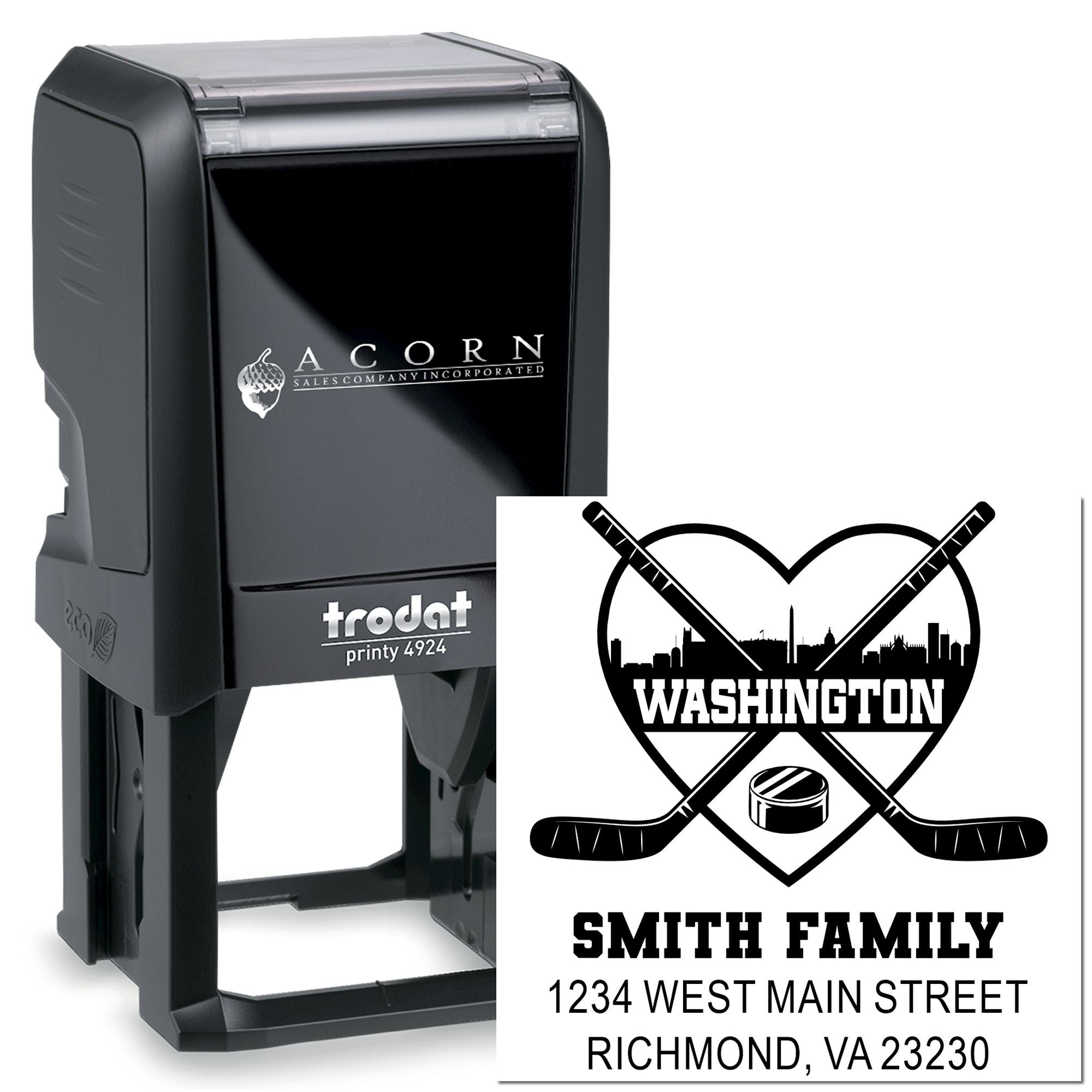 Custom self-inking rubber stamp with hockey-themed family return address design for envelopes, mailings, and personalized stationery.