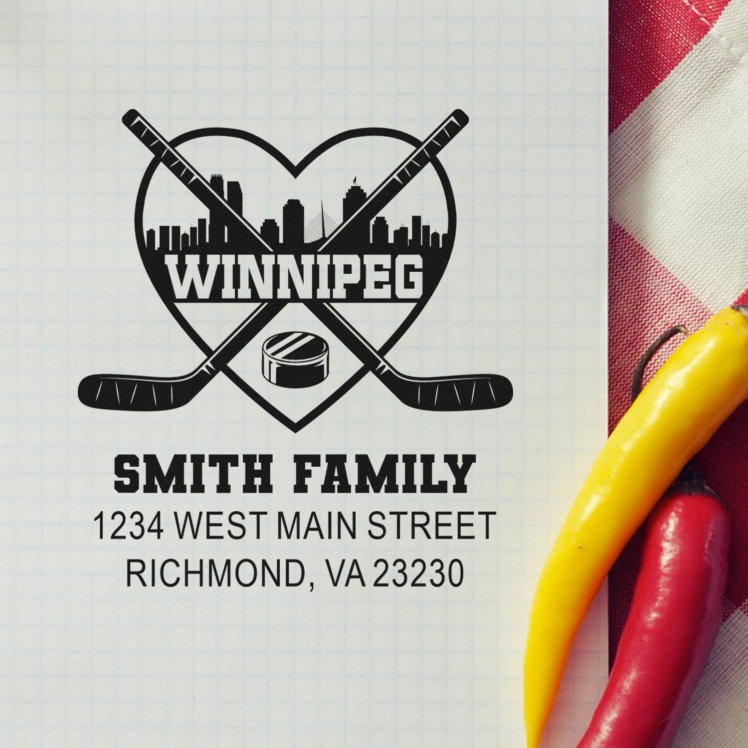 Personalized hockey family address stamp design with Winnipeg skyline, Smith Family name, and Richmond, VA address.