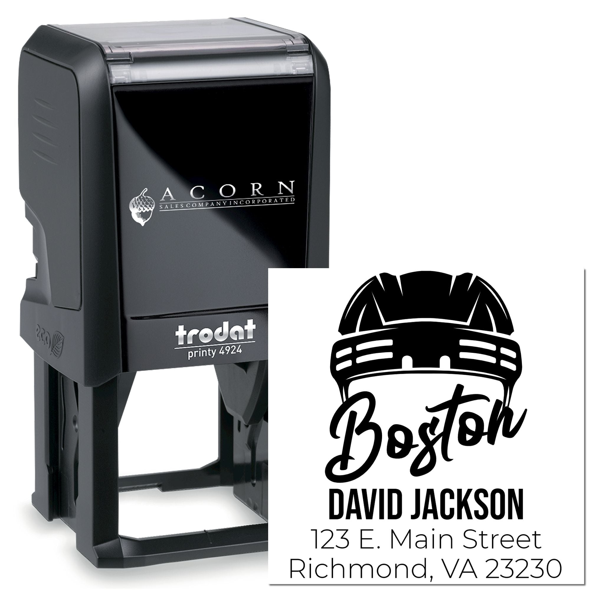 Custom self-inking rubber stamp with Boston logo, name, and Richmond VA address for business branding.