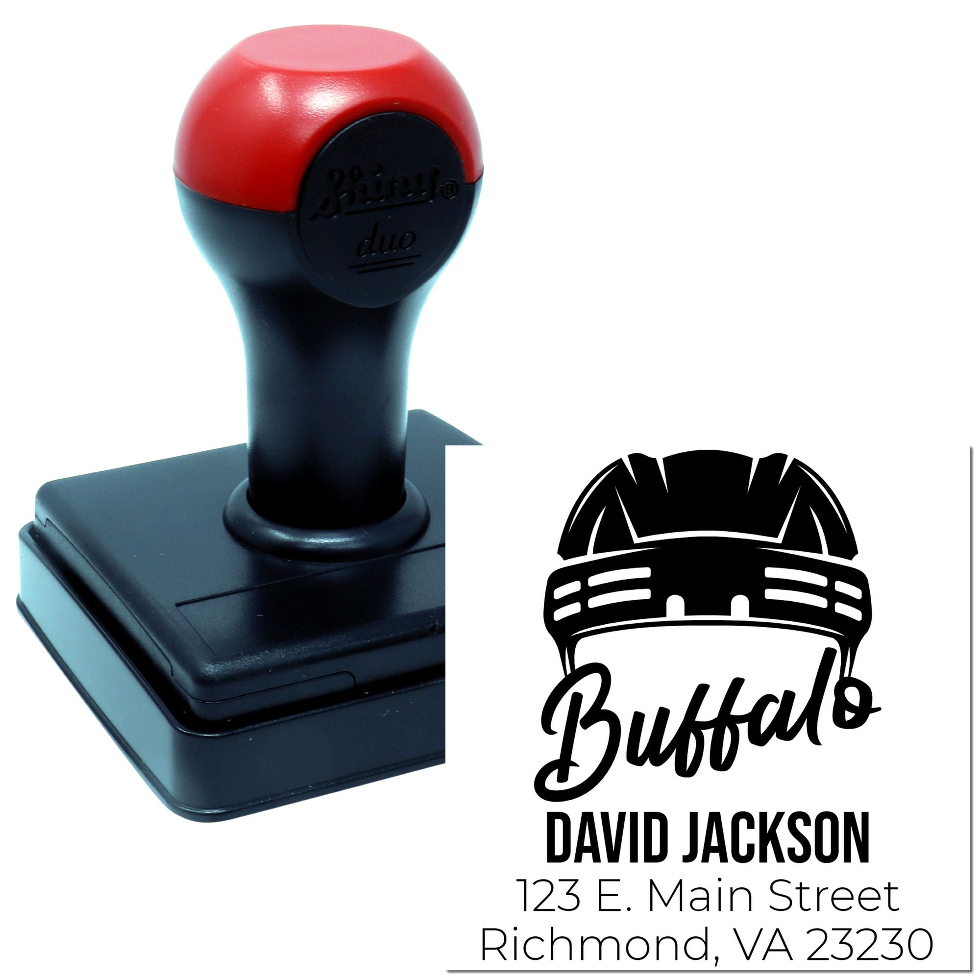 Custom self-inking rubber stamp with Buffalo logo, name and address for business mailing and branding.