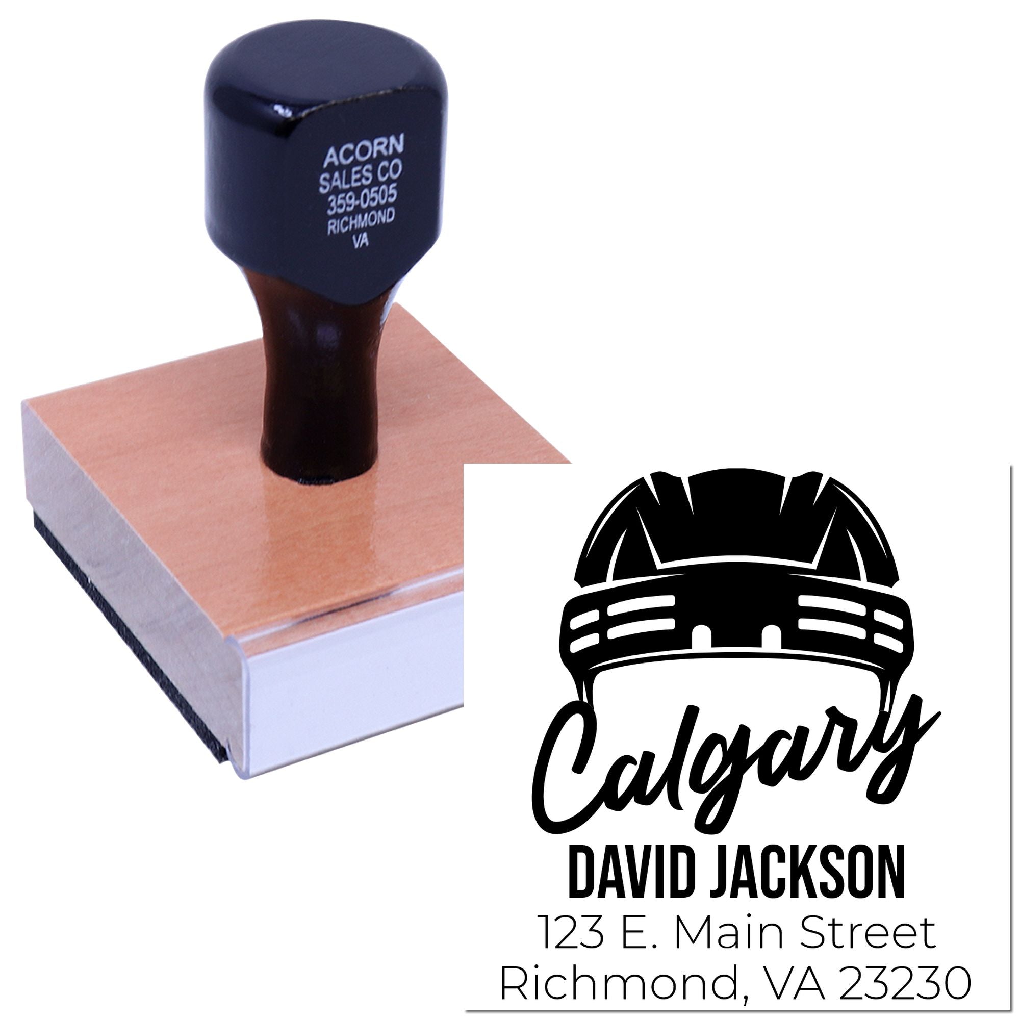 Custom rubber stamp with Calgary construction logo, David Jackson name, and address for business branding.