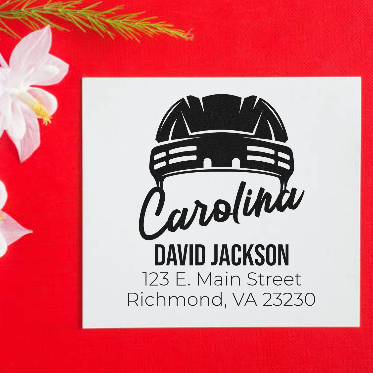 Custom firefighter return address rubber stamp with helmet design for David Jackson, 123 E. Main Street, Richmond, VA 23230