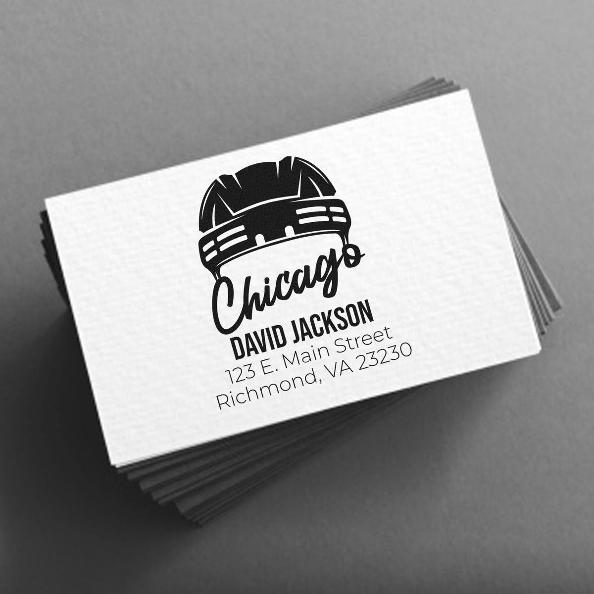 Custom rubber stamp design with Chicago hardhat logo, David Jackson name, and Richmond return address.
