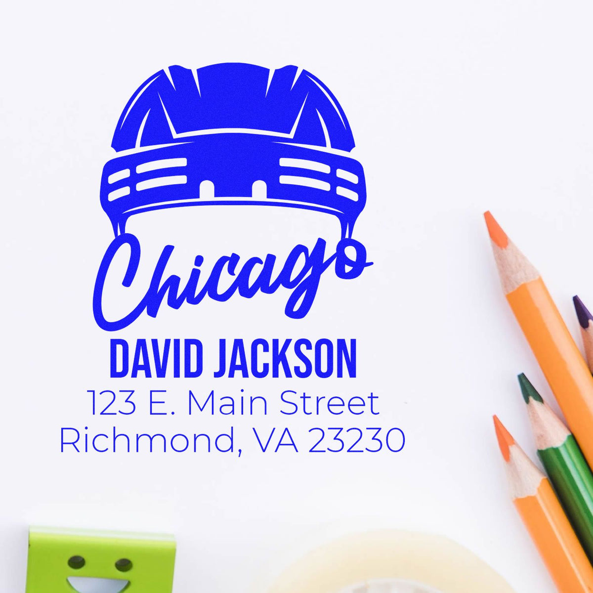 Custom Chicago rubber stamp design with hard hat logo, David Jackson name, and Richmond, VA address
