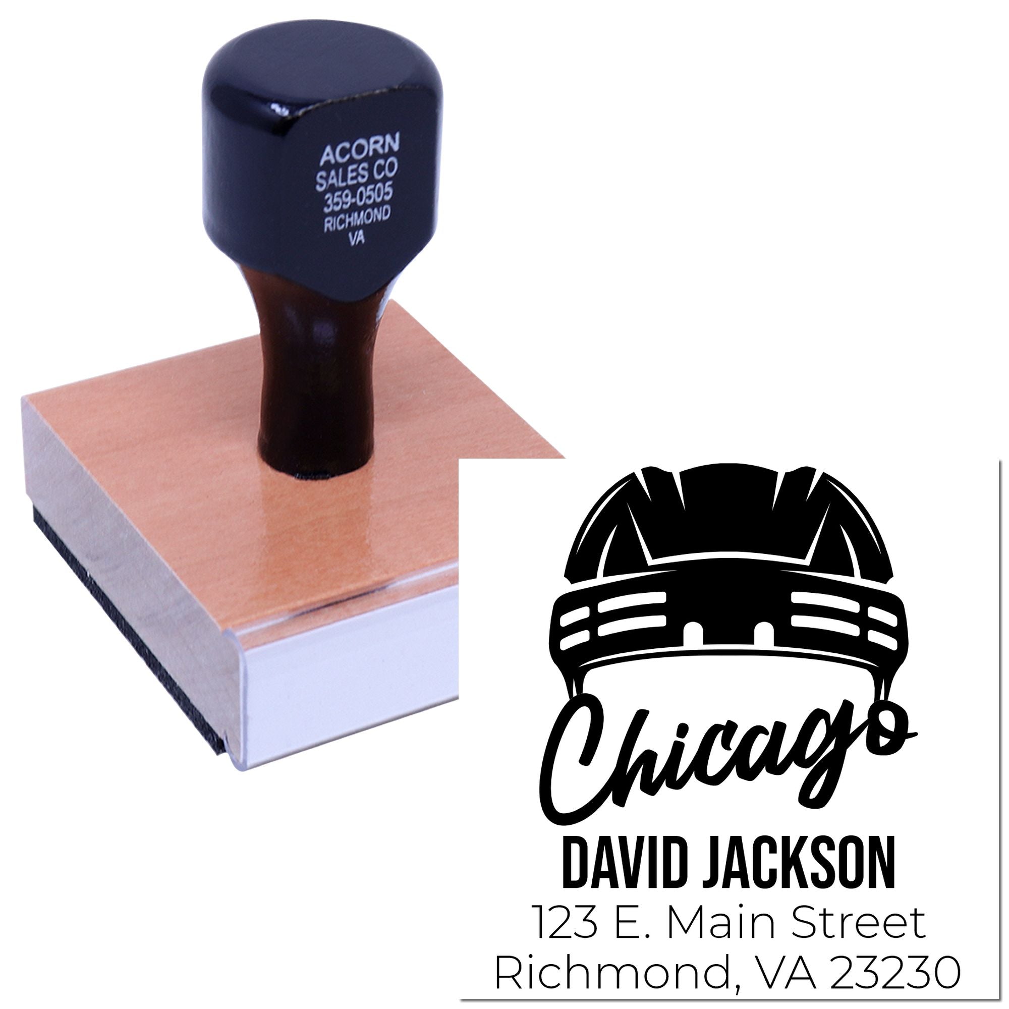 Custom rubber stamp with Chicago logo and personalized business address for David Jackson, Richmond VA.