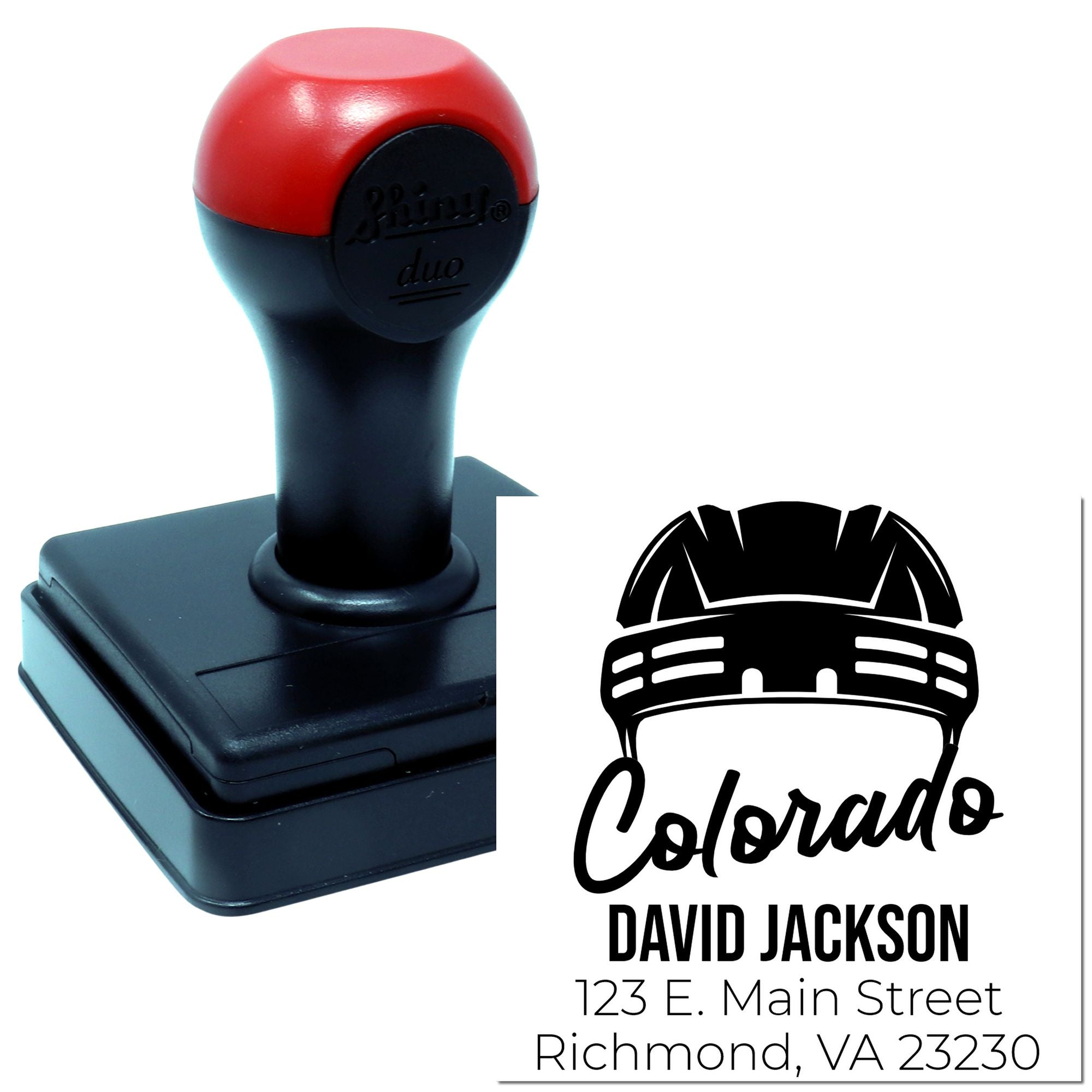 Custom self-inking return address rubber stamp with Colorado name and address for mailing and business branding.