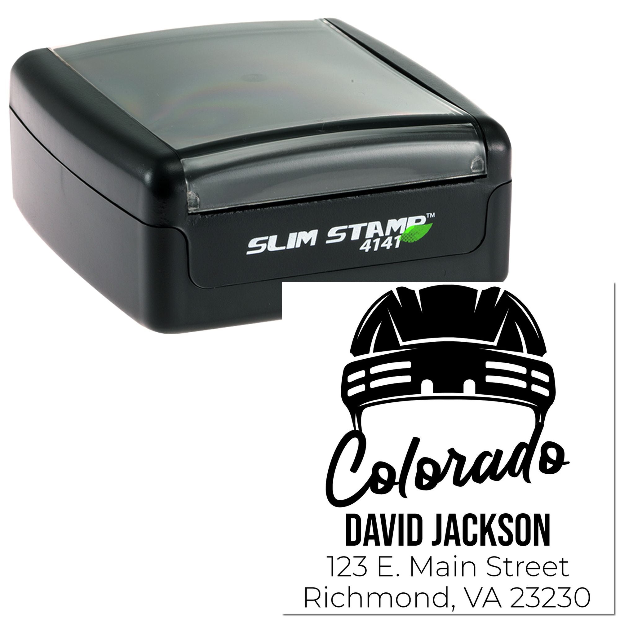 Custom self-inking rubber stamp with Colorado design, name, and return address for personalized mailing labels.