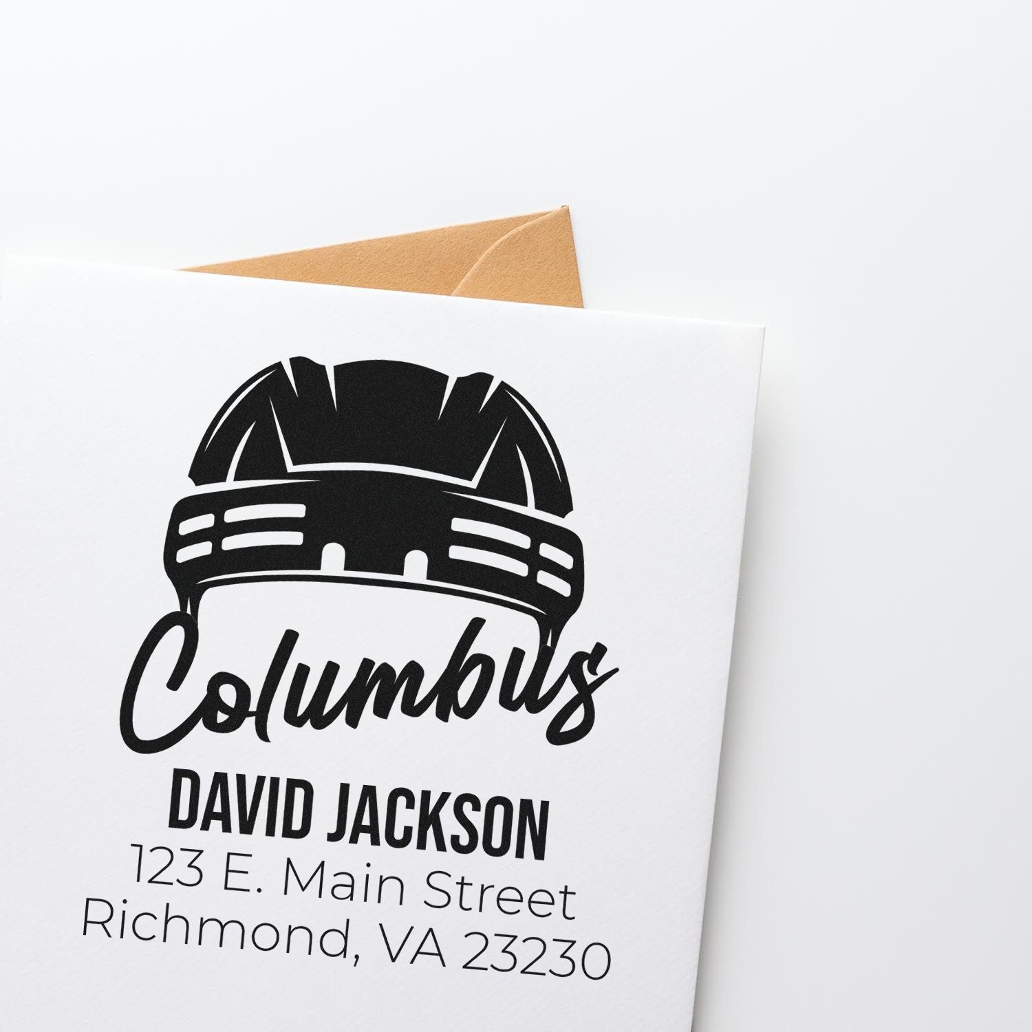 Custom Columbus rubber stamp with hard hat logo, David Jackson name, and Richmond, VA return address design.