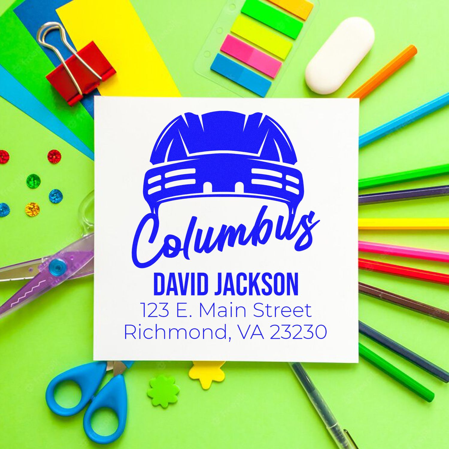 Custom Columbus return address rubber stamp with name and address for mailing and business use.