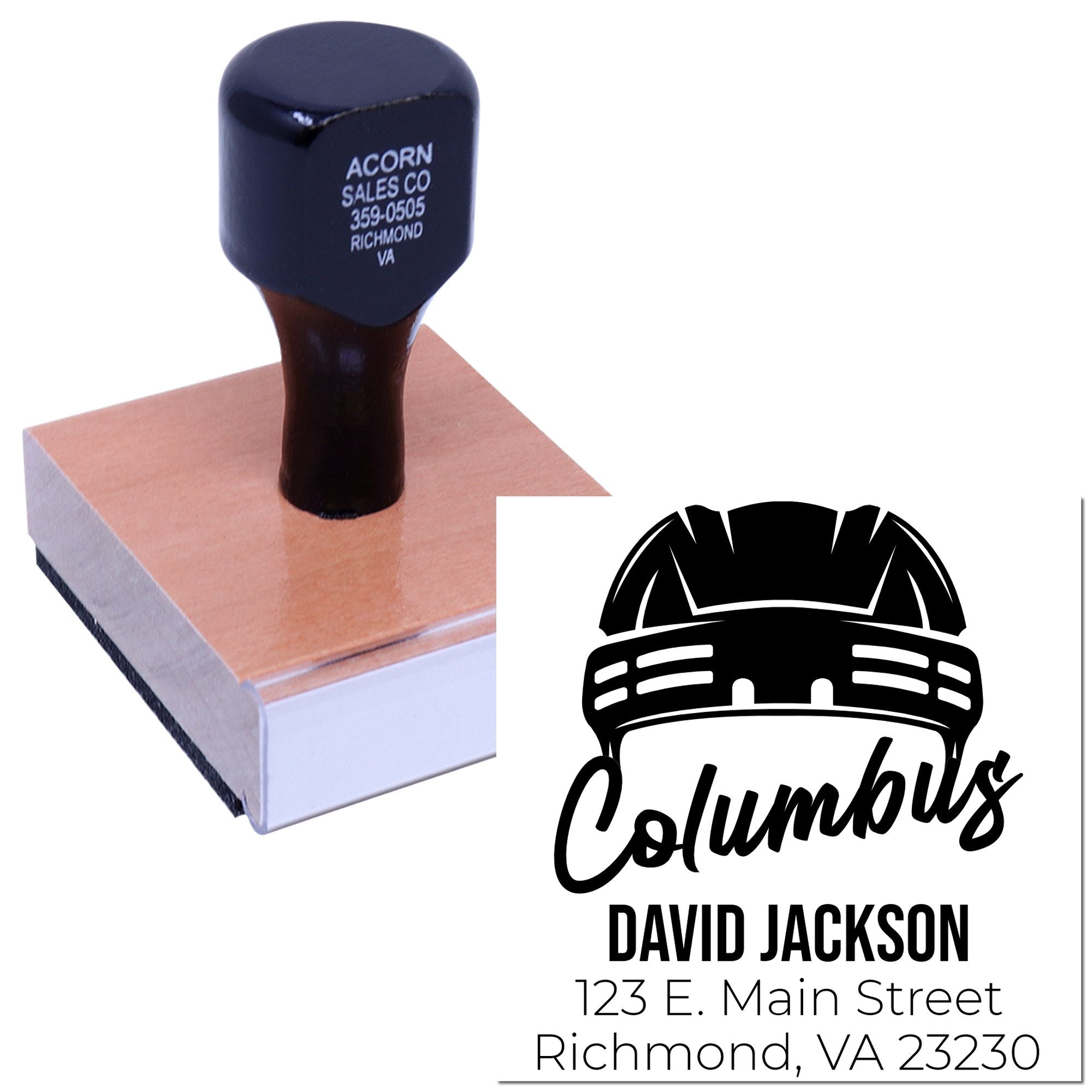 Custom business address stamp with logo, name, and Richmond, VA return address