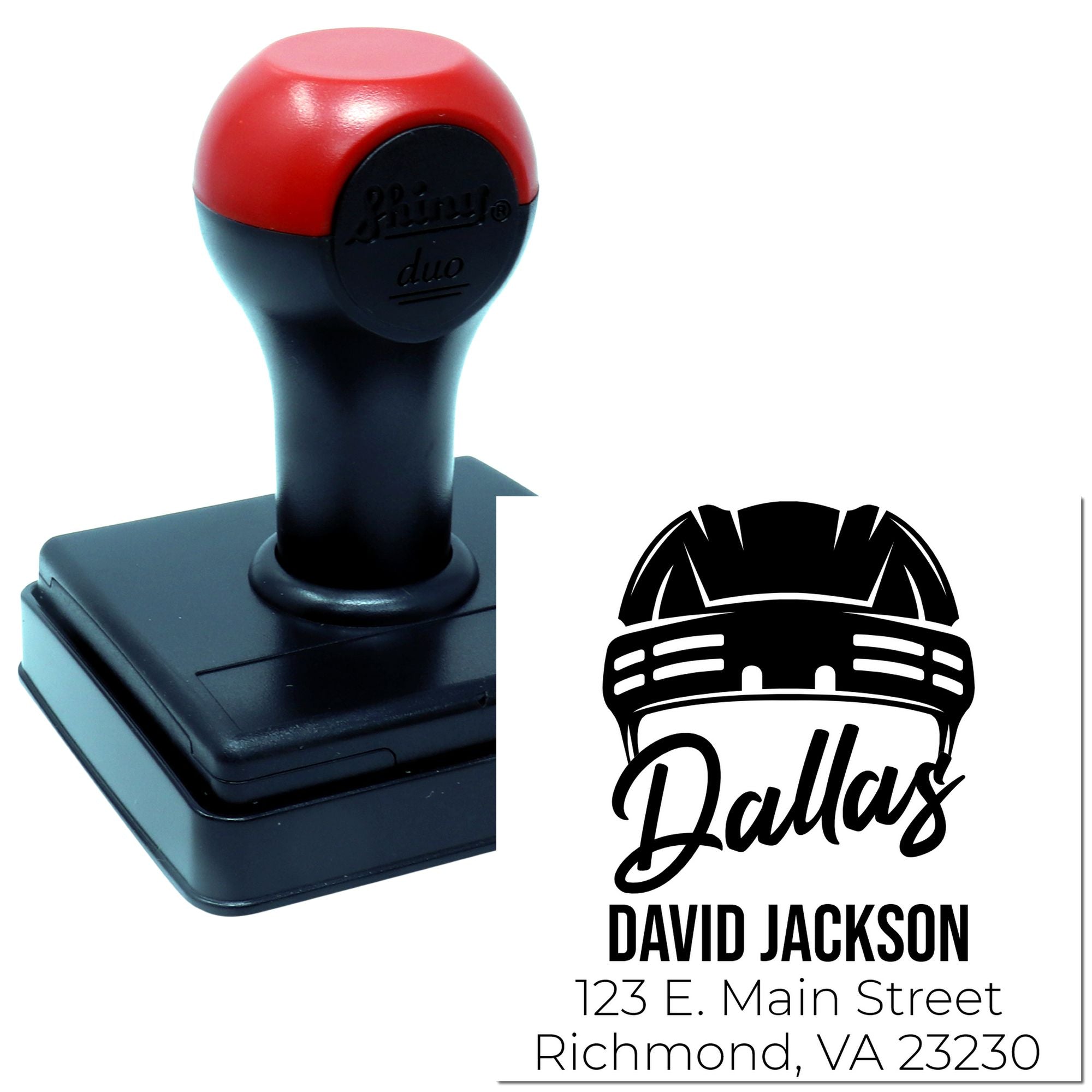 Custom self-inking rubber stamp for Dallas David Jackson with logo, name, and Richmond, VA return address.