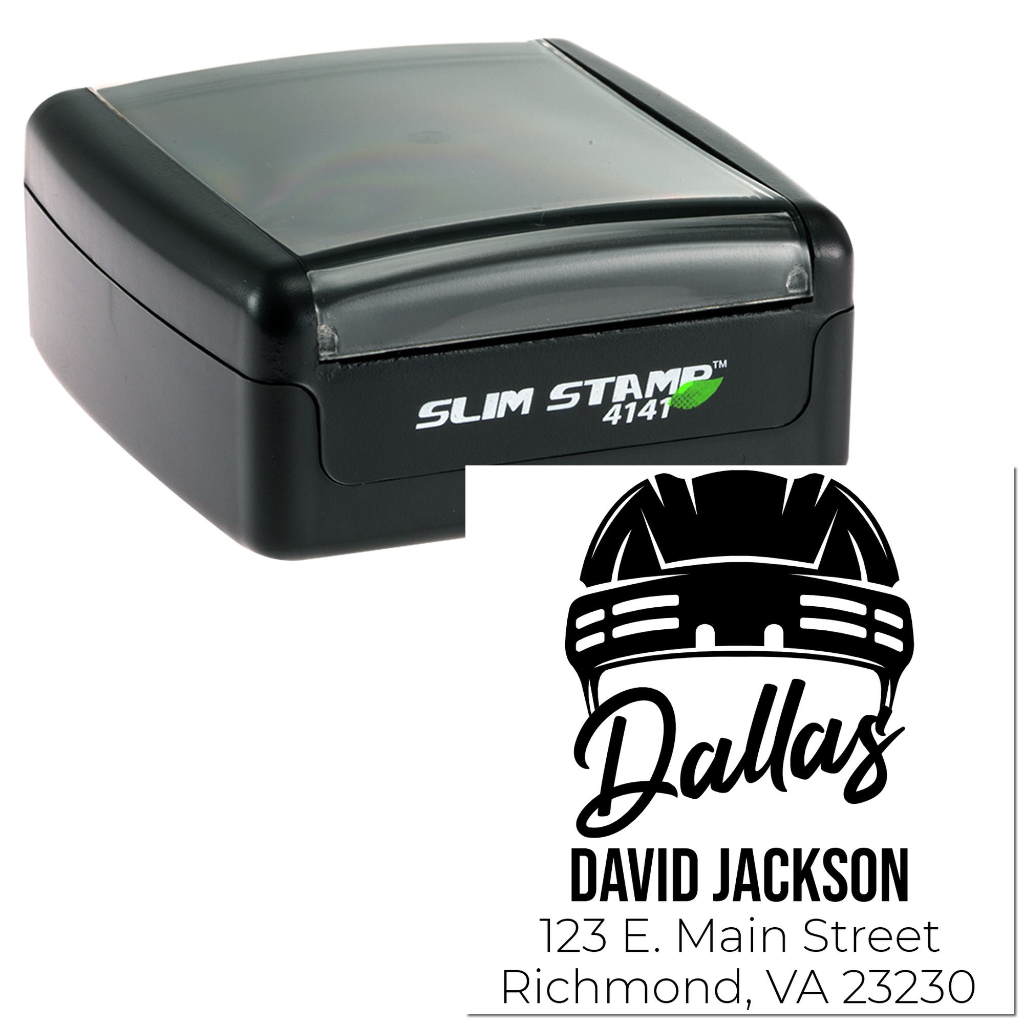 Personalized self-inking rubber stamp with custom Dallas return address imprint and Slim Stamp 4141 case.