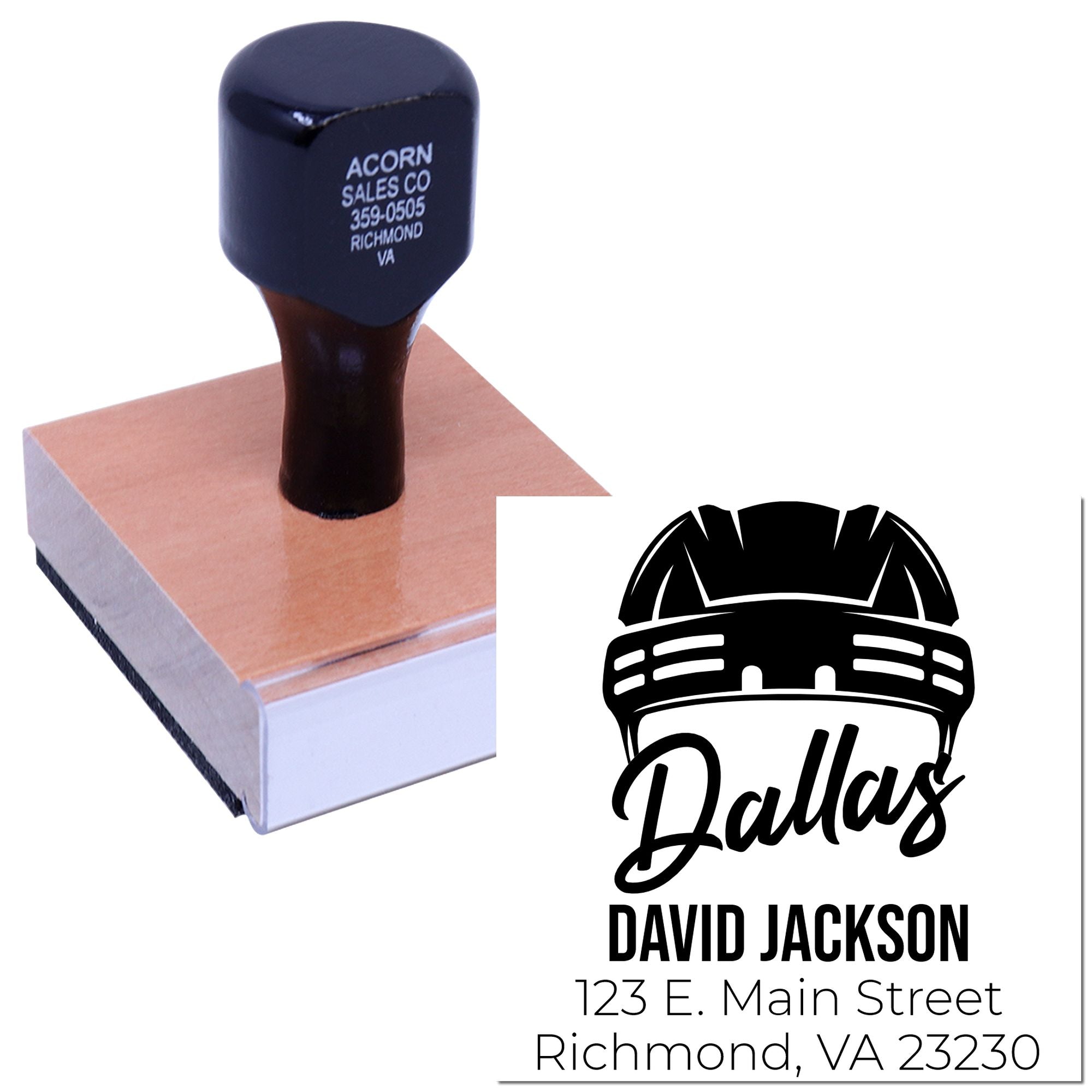 Custom rubber stamp with hard hat logo and address imprint for Dallas David Jackson business branding.