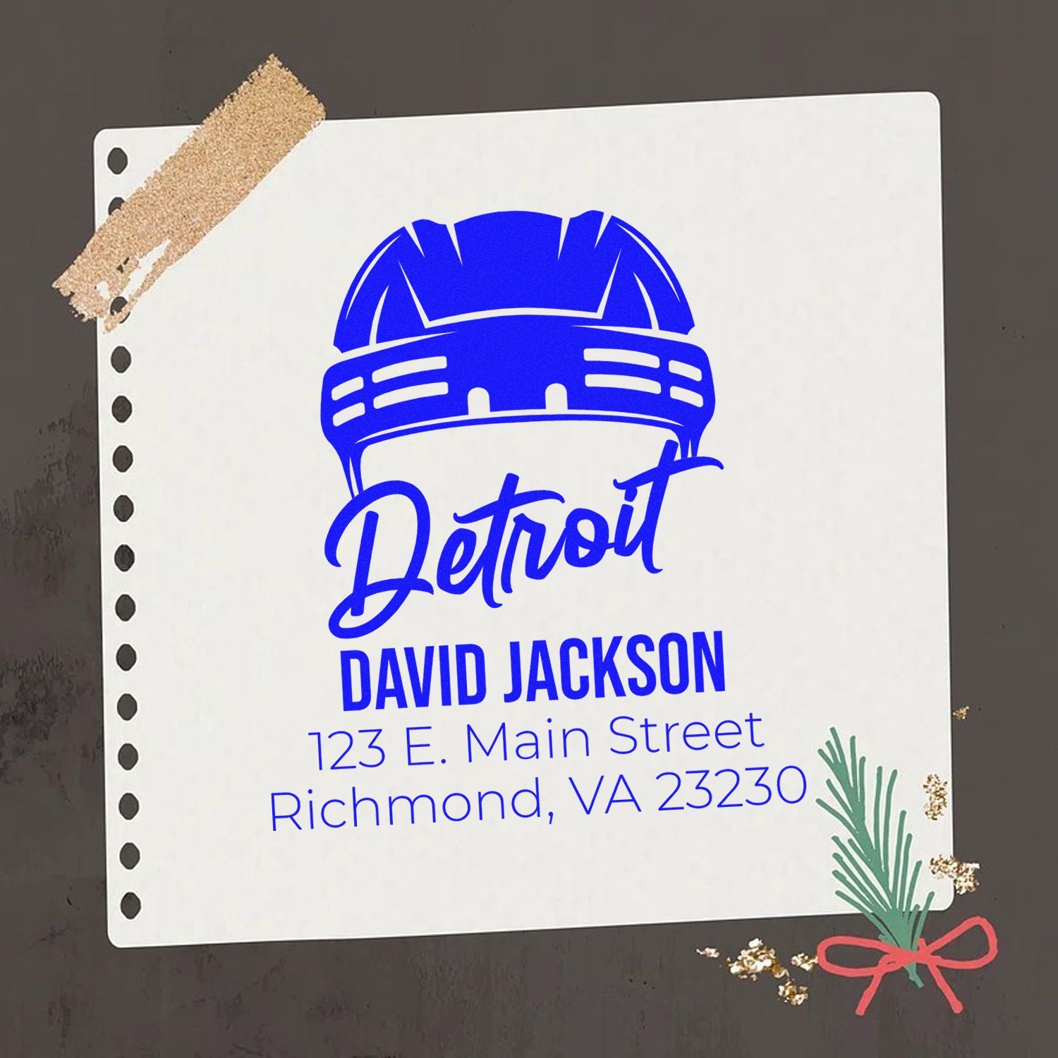 Custom Detroit return address rubber stamp with helmet logo, David Jackson, Richmond, VA 23230