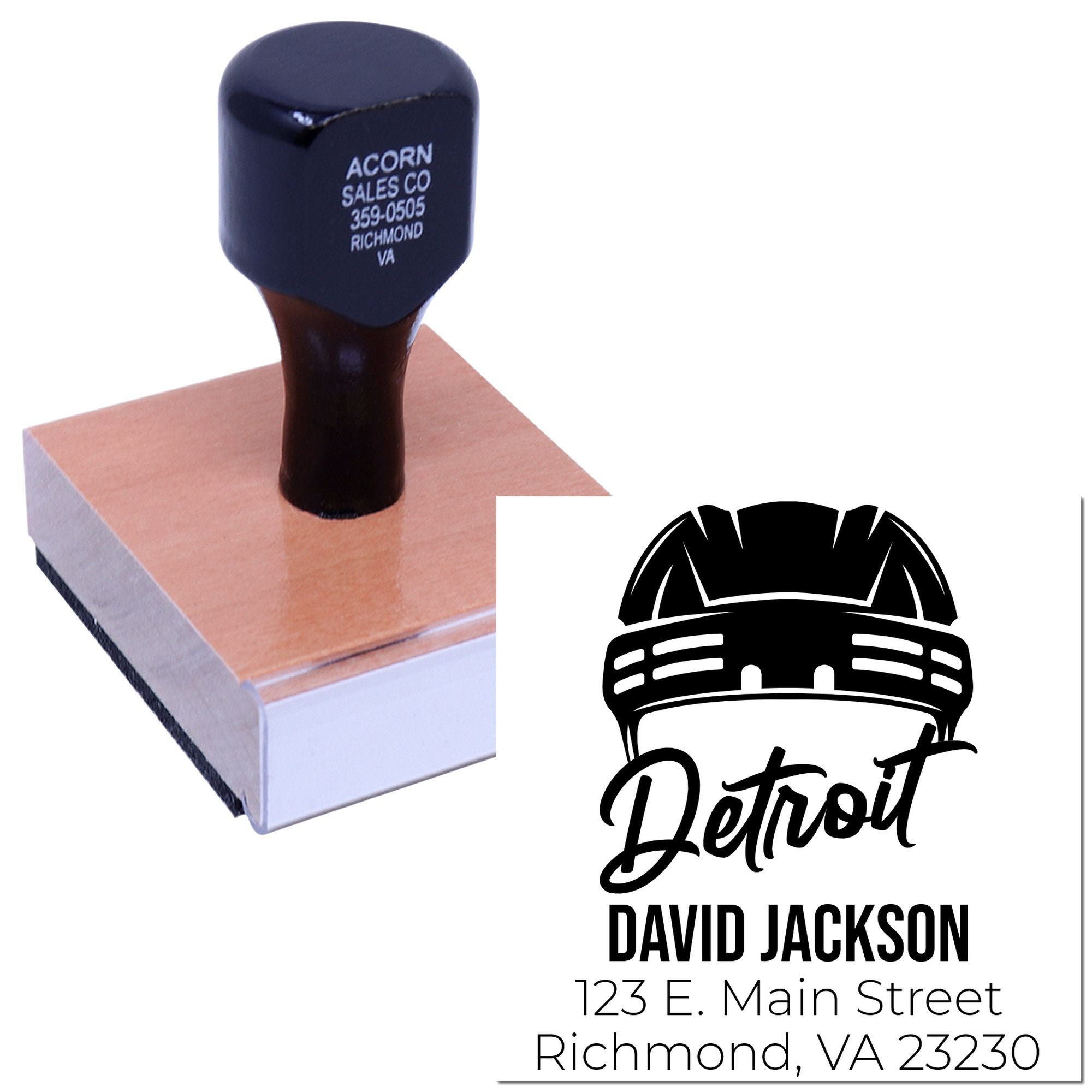 Custom rubber address stamp with Detroit logo, personalized for David Jackson with name, street address, and city.