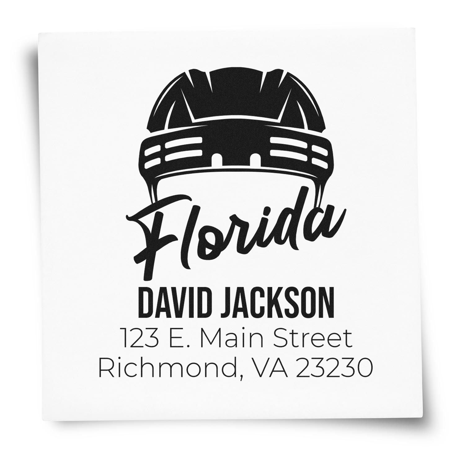 Personalized Florida hard hat rubber stamp for David Jackson with name, address, and contractor logo