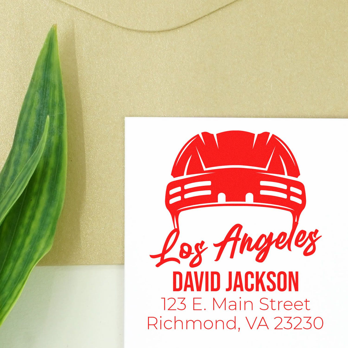Personalized firefighter return address rubber stamp with Los Angeles helmet design, David Jackson name, and Richmond, VA address.