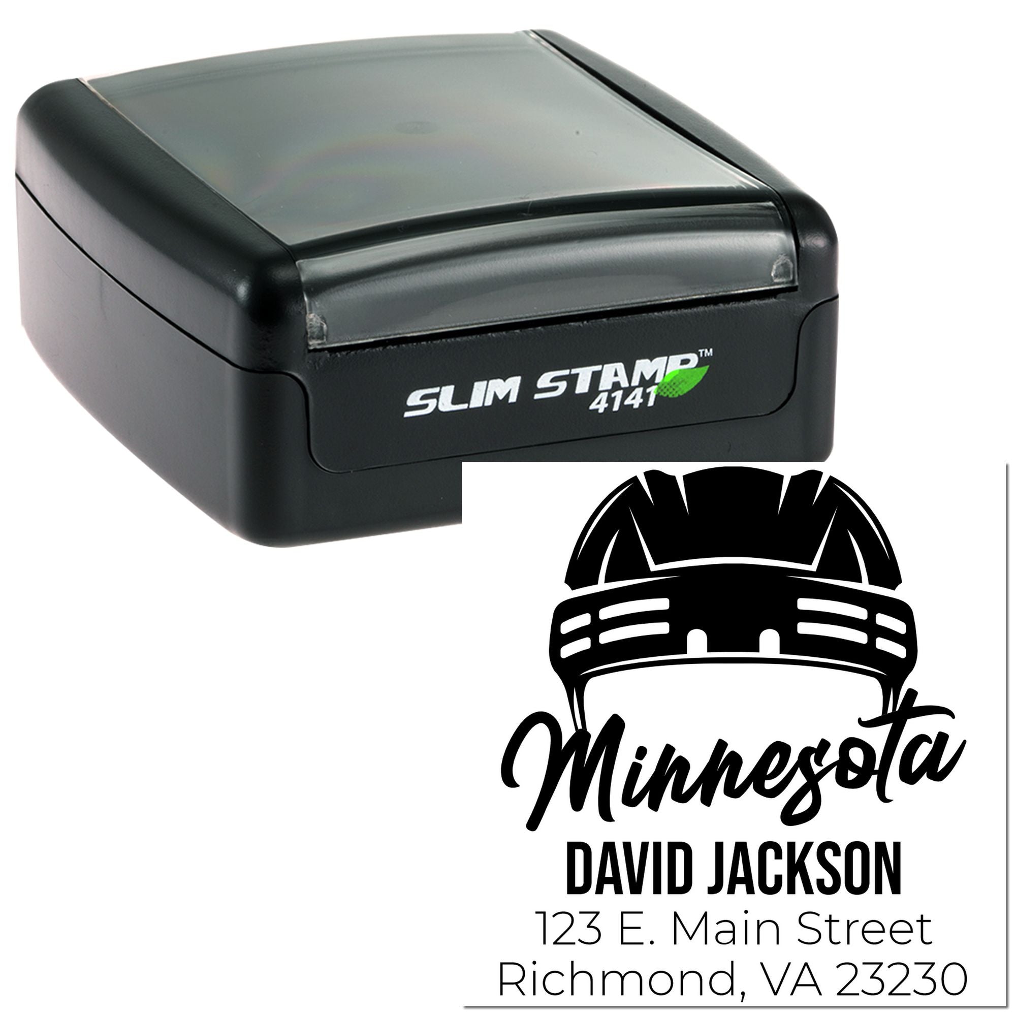 Custom self-inking rubber stamp with Minnesota logo, name, and return address for business mailings.