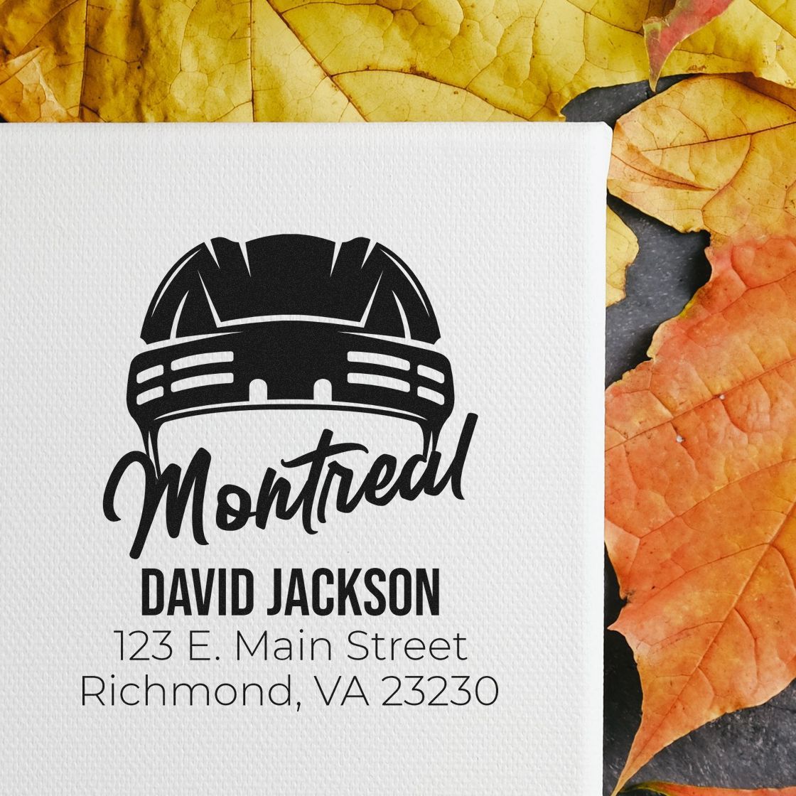 Custom return address rubber stamp with hockey helmet design, Montreal script, and David Jackson, Richmond, VA address.