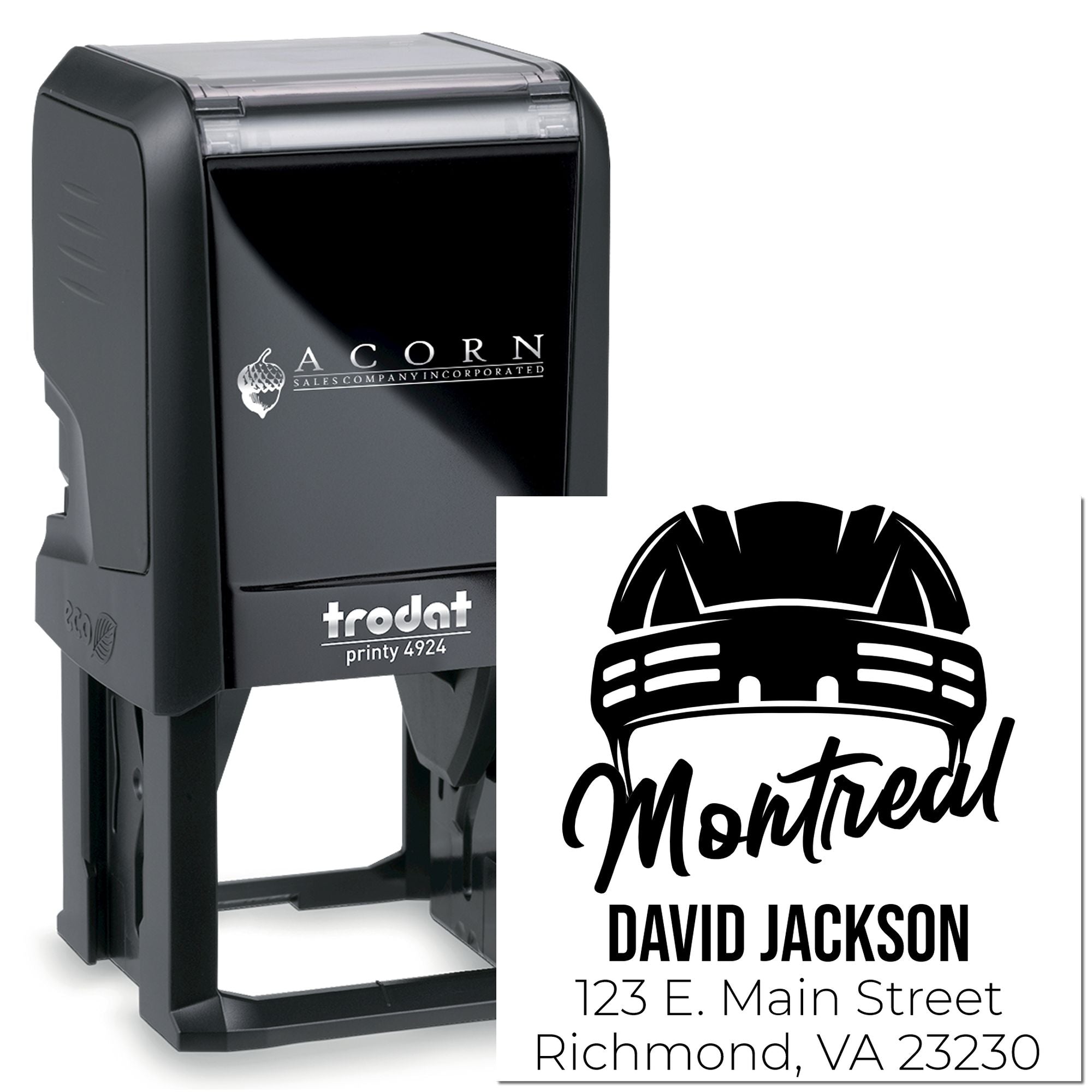 Custom self-inking rubber stamp for business logo, name, and address imprint.