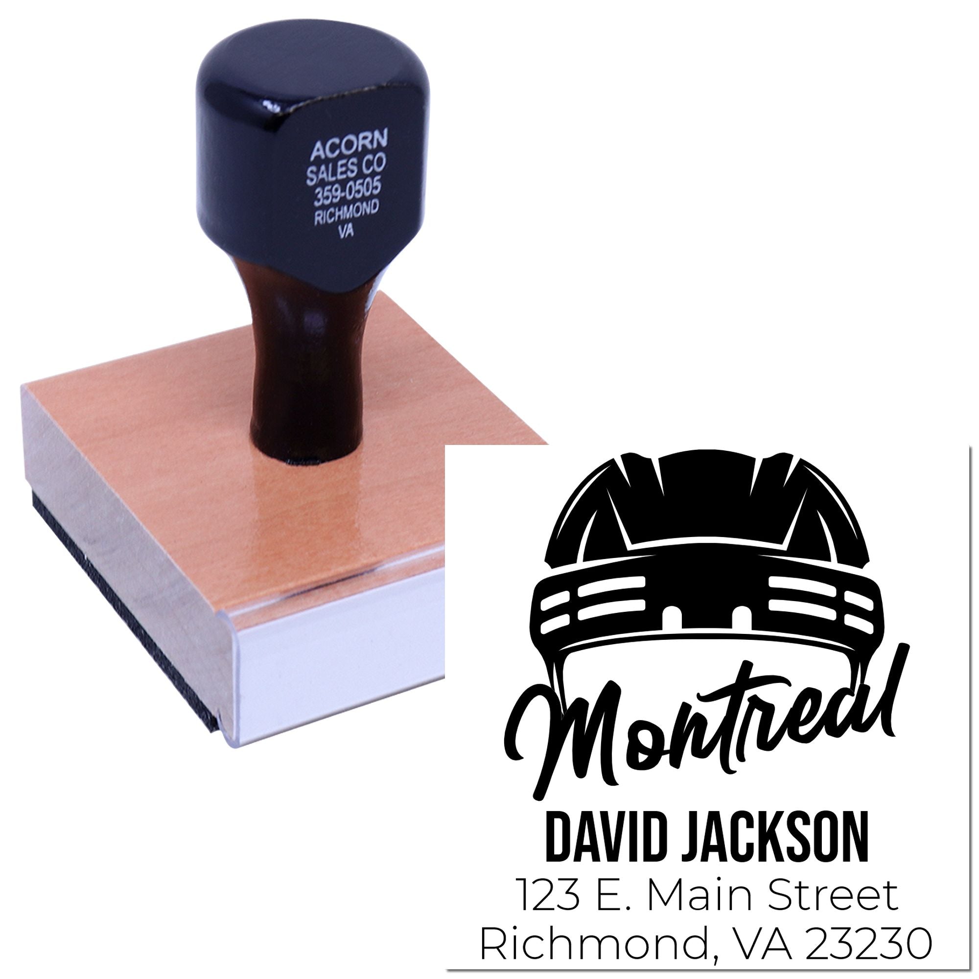 Custom logo rubber stamp with return address for Montred business mailings.