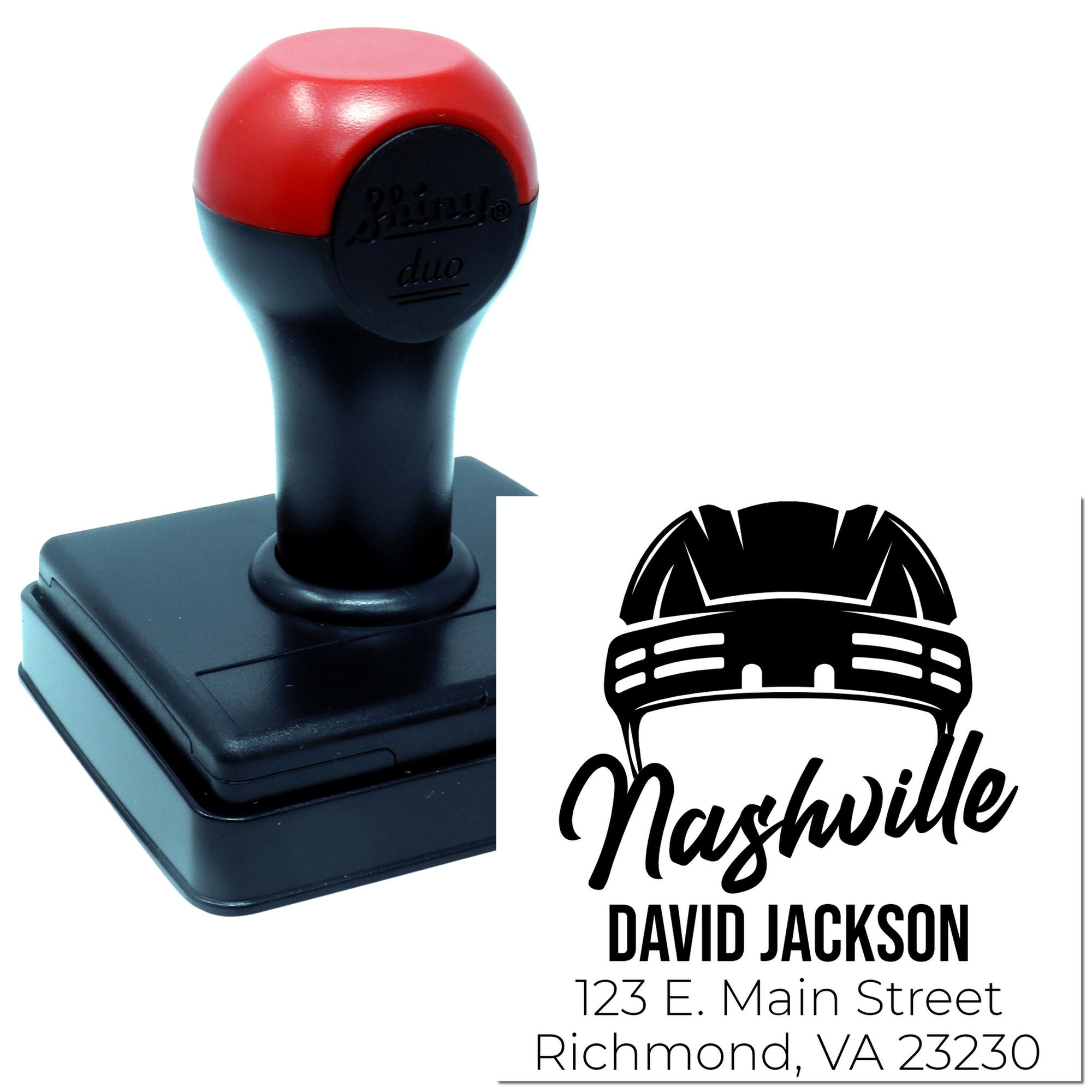 Custom self-inking rubber stamp with Nashville logo, name, and return address for personalized business mailings.