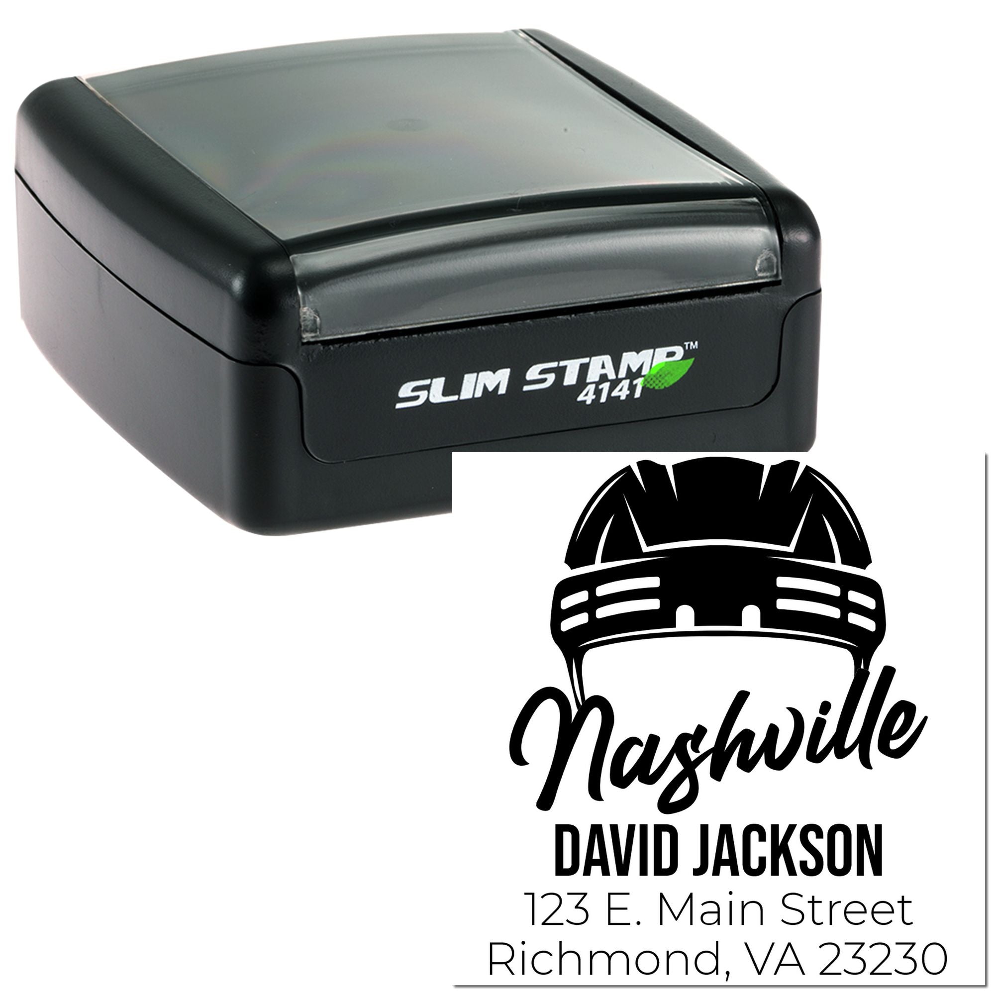 Personalized self-inking rubber stamp with Nashville logo and return address for David Jackson, Richmond, VA 23230