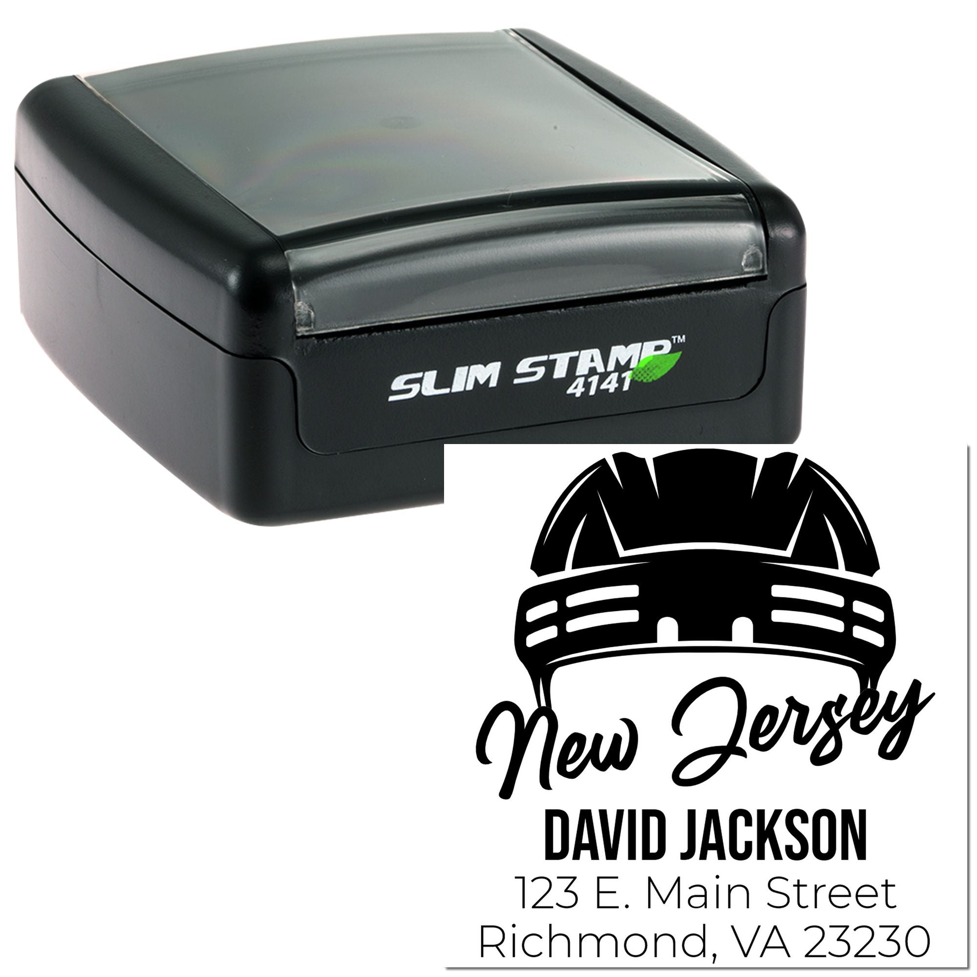 Custom self-inking rubber stamp with New Jersey logo and return address for David Jackson, Richmond VA.