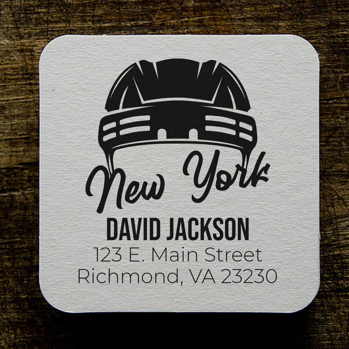 Personalized New York return address rubber stamp with firefighter helmet design for David Jackson, Richmond, VA.