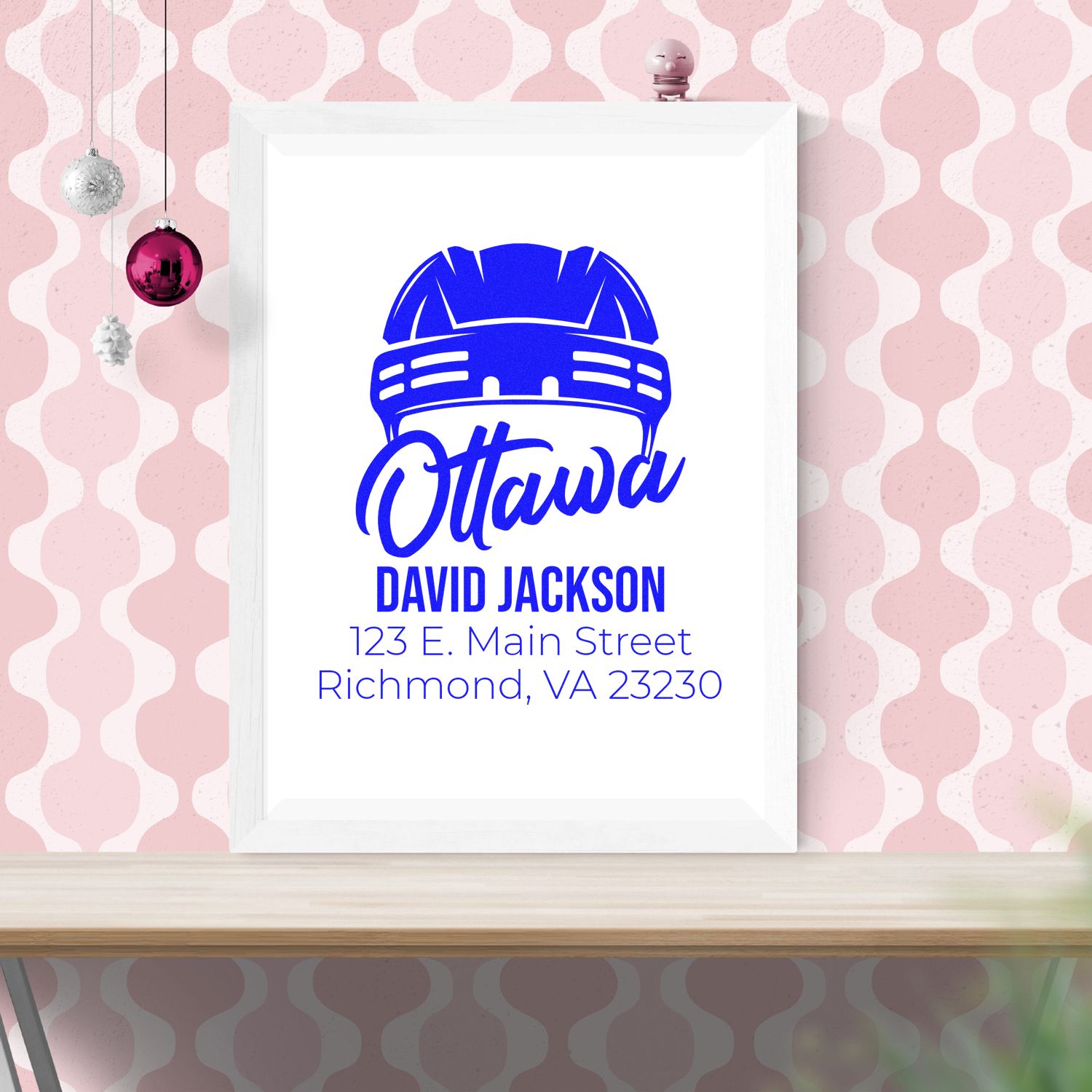 Custom Ottawa rubber stamp design for David Jackson, featuring name, address, and helmet logo for personalized return address use