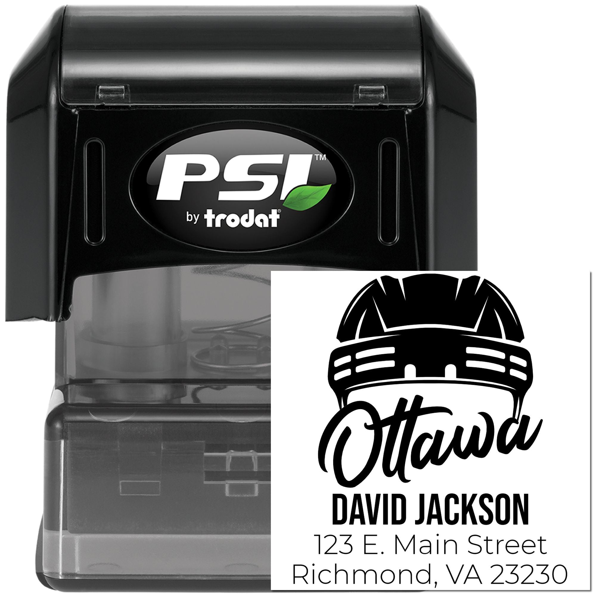 Custom self-inking rubber address stamp by PSI Trodat with Ottawa logo, name, and business address imprint example.