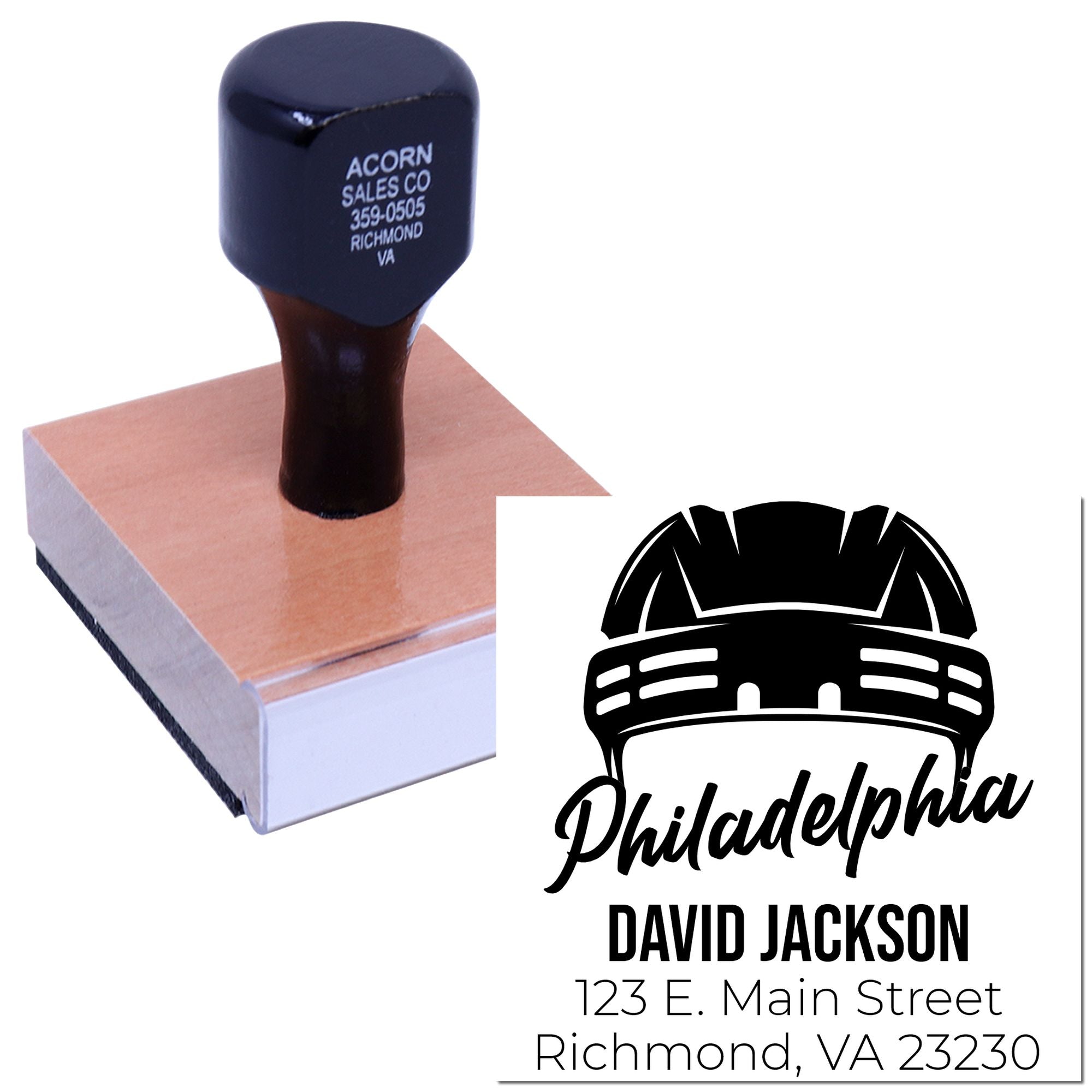 Custom rubber stamp with Philadelphia logo, name, and business address for branding.