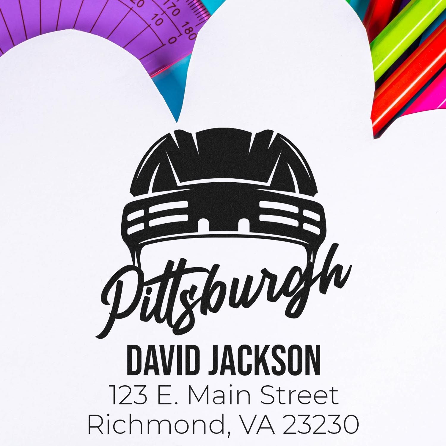 Personalized Pittsburgh rubber stamp with helmet logo, David Jackson name, and return address for mailing.