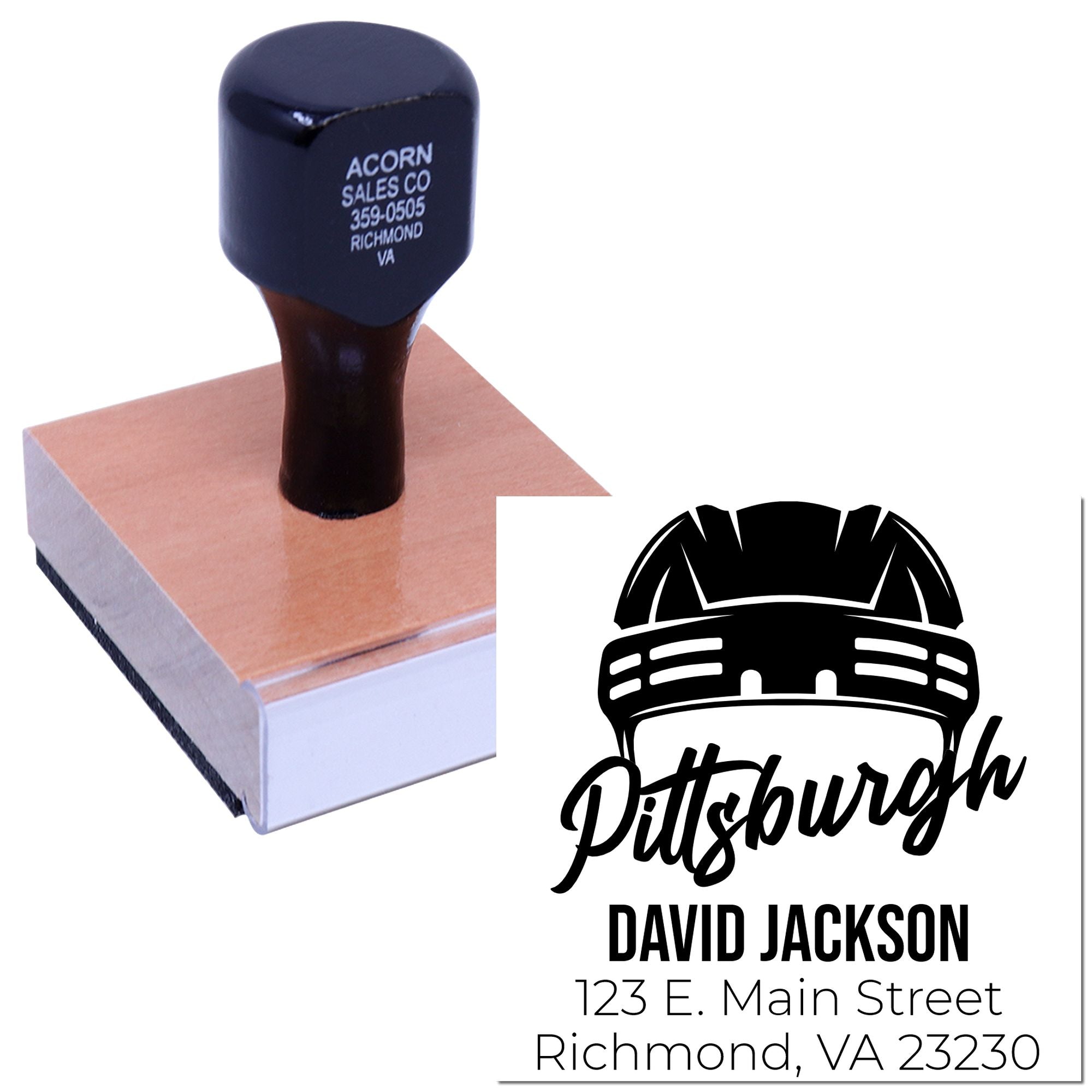Custom Pittsburgh address rubber stamp with name, logo, and mailing details for business branding.
