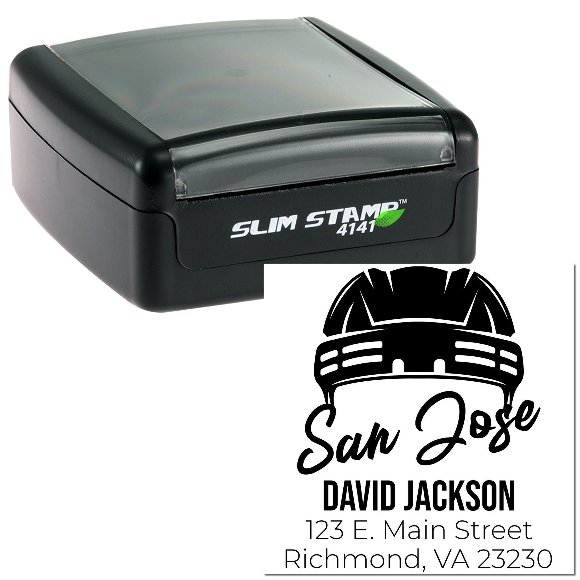 Custom self-inking rubber stamp with hard hat logo, name, and address imprint for business mailings.