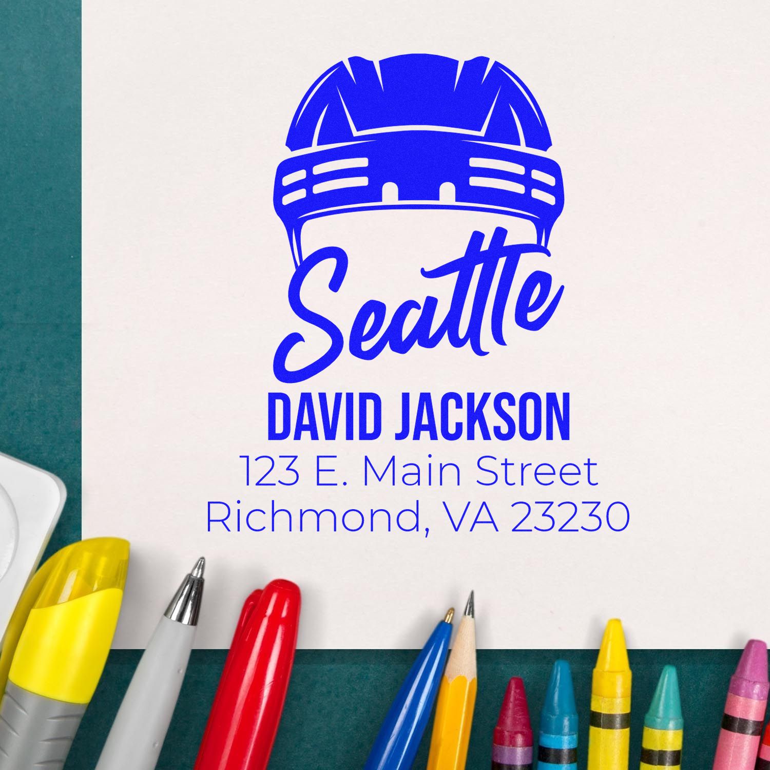 Custom Seattle construction address stamp for David Jackson, Richmond VA 23230, with hardhat logo